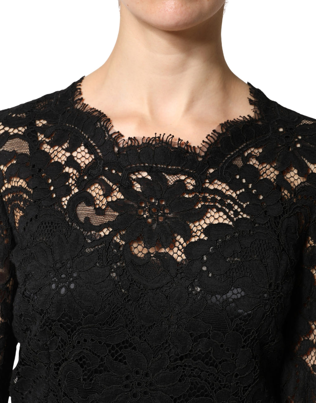 Robe longue maxi en coton à manches longues en dentelle noire Dolce & Gabbana