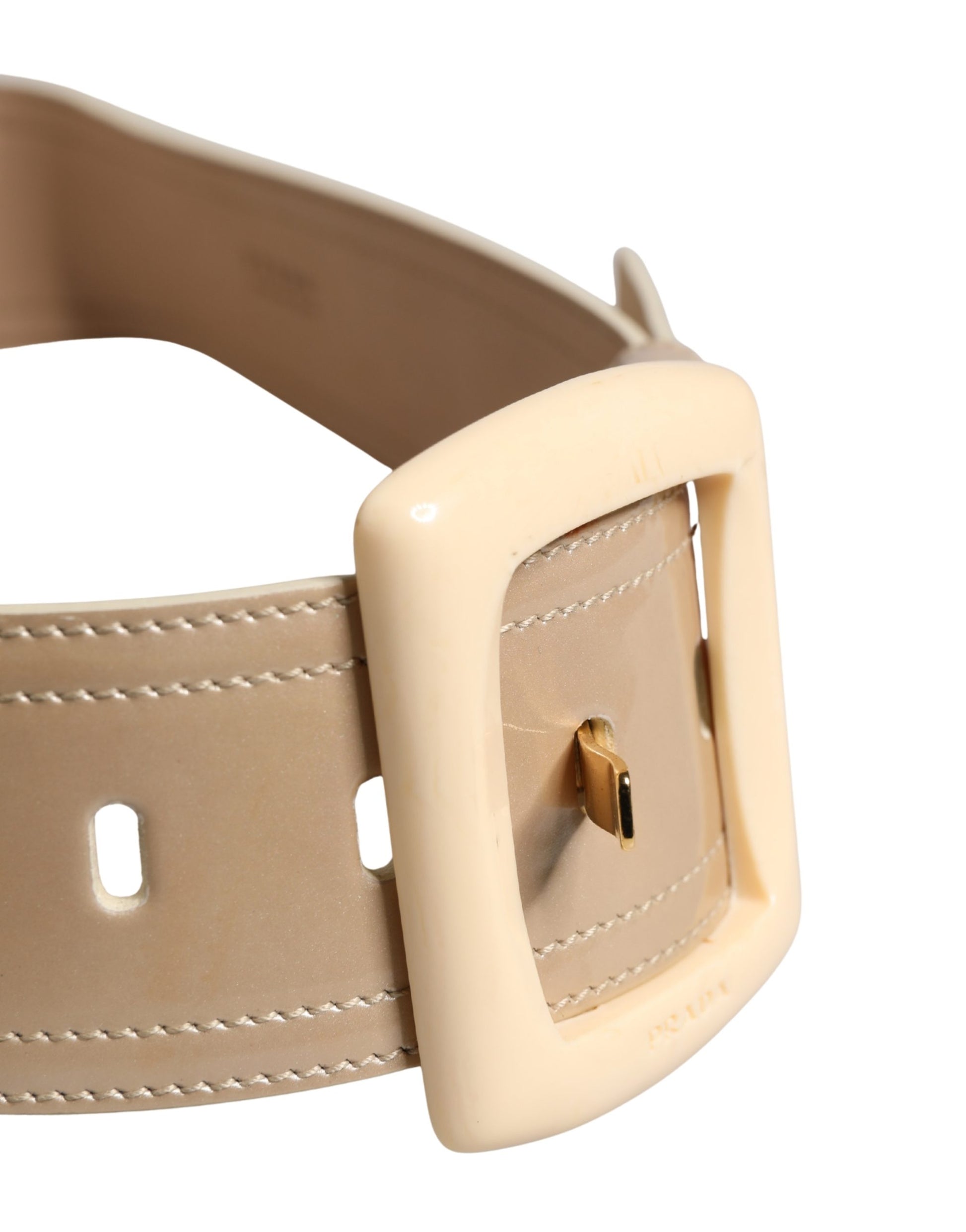 Prada Beige Leather Logo Wide Waist Women Square Buckle Belt