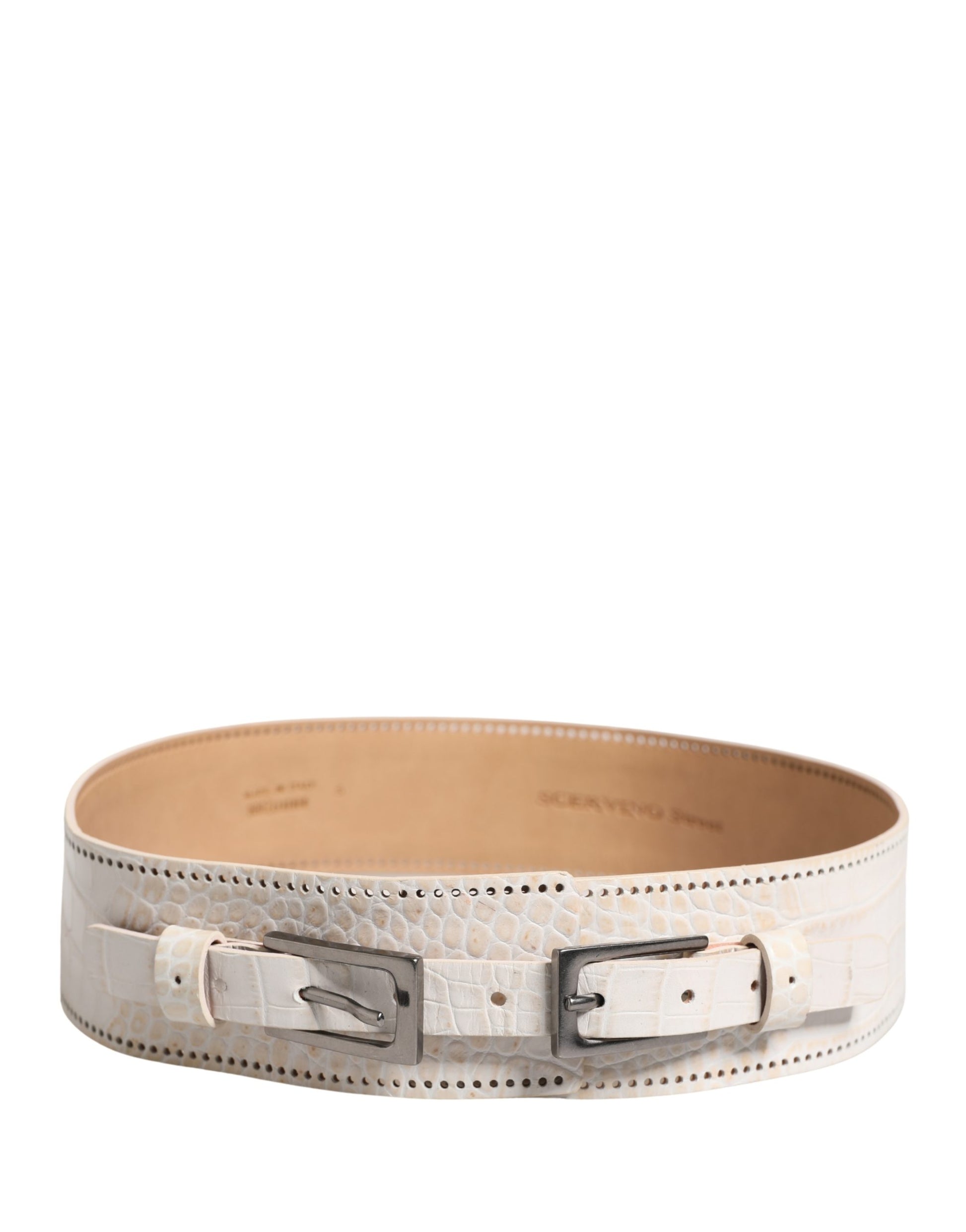 Ceinture Scervino Street en cuir blanc texturé avec large boucle en métal argenté