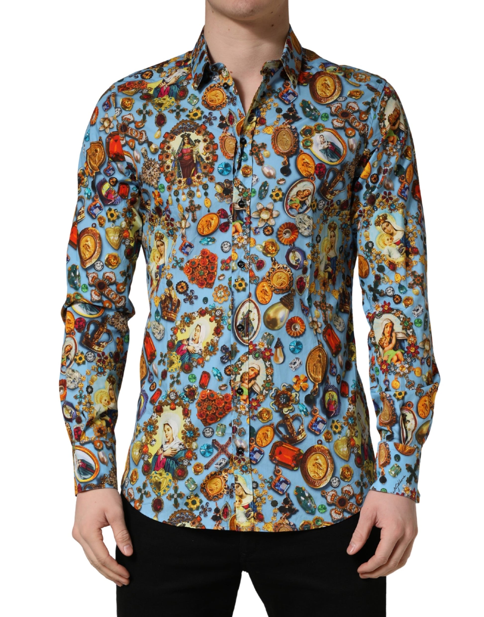 Chemise boutonnée Dolce & Gabbana en coton bleu à imprimé bijou GOLD