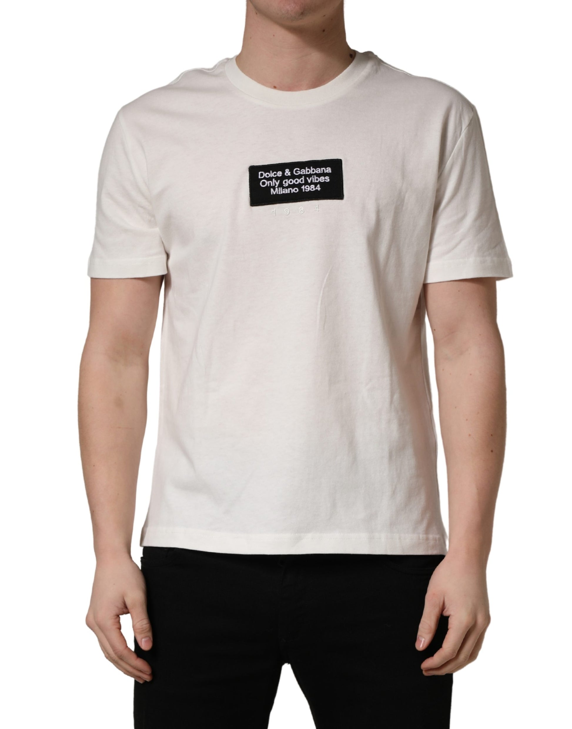 T-shirt à col rond pour homme en coton blanc avec écusson logo Dolce & Gabbana