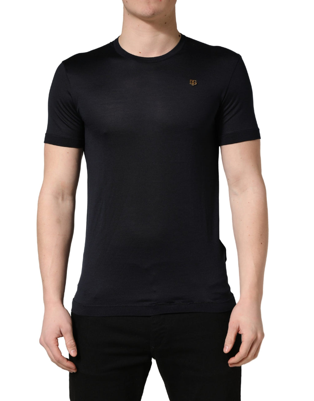 T-shirt Dolce & Gabbana en soie bleu foncé avec logo DG pour homme et col ras-du-cou