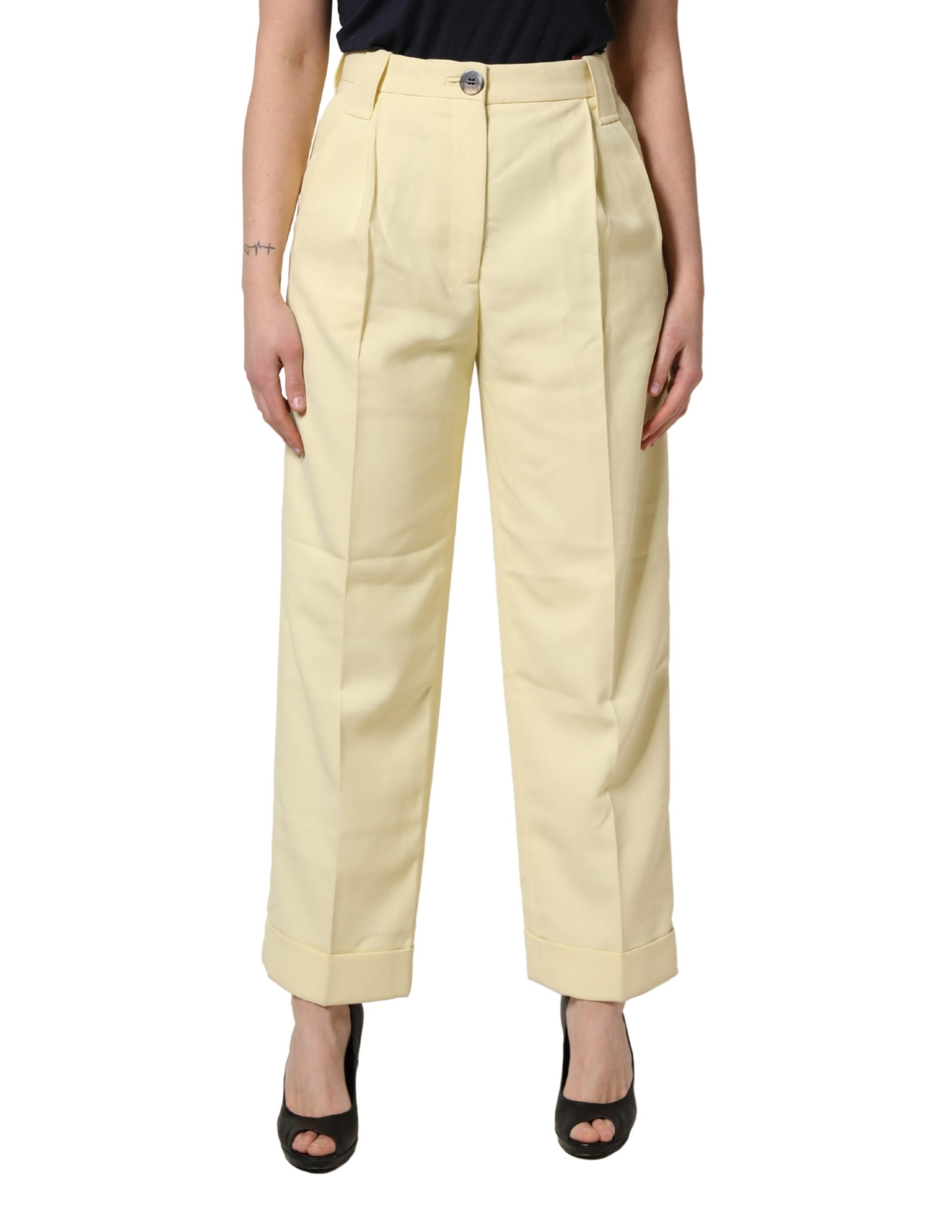 Pantalon plissé droit taille haute jaune Ganni