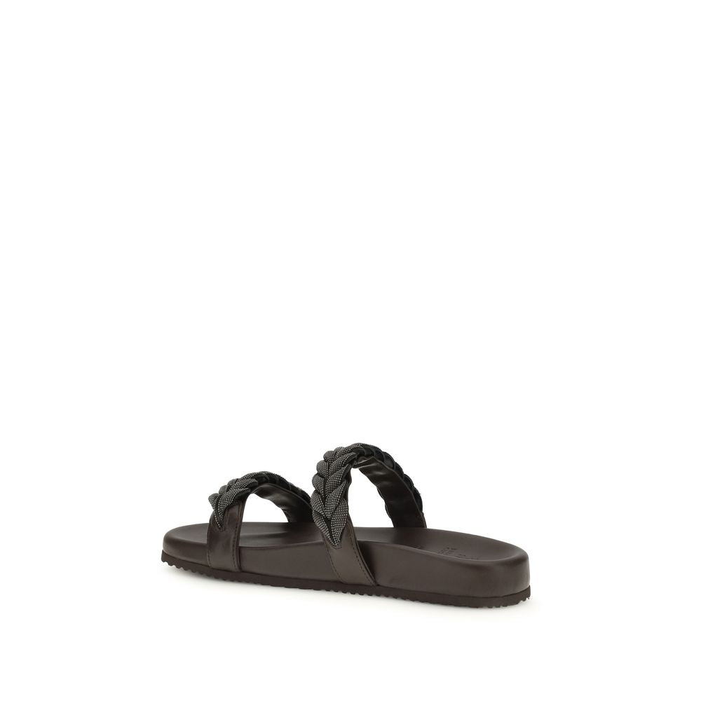 Brunello Cucinelli Sandales plates en veau marron Bos Taurus