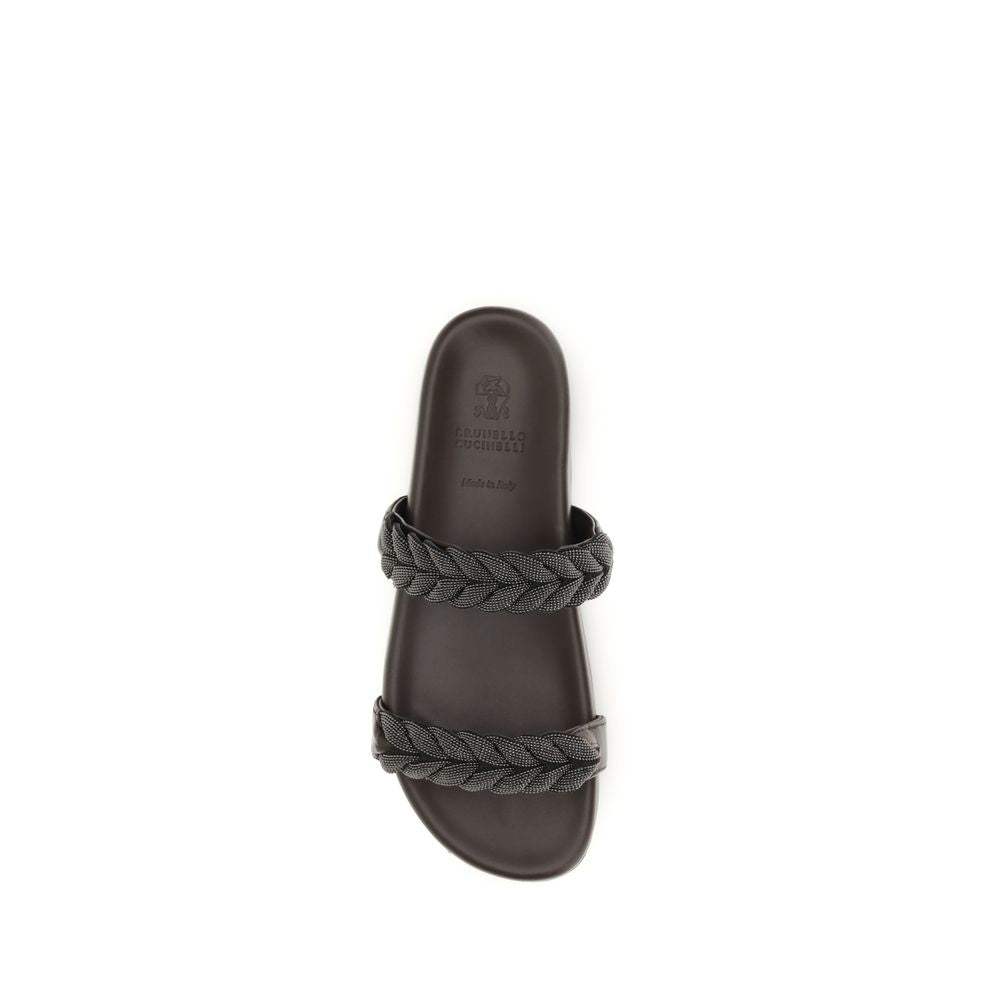 Brunello Cucinelli Sandales plates en veau marron Bos Taurus