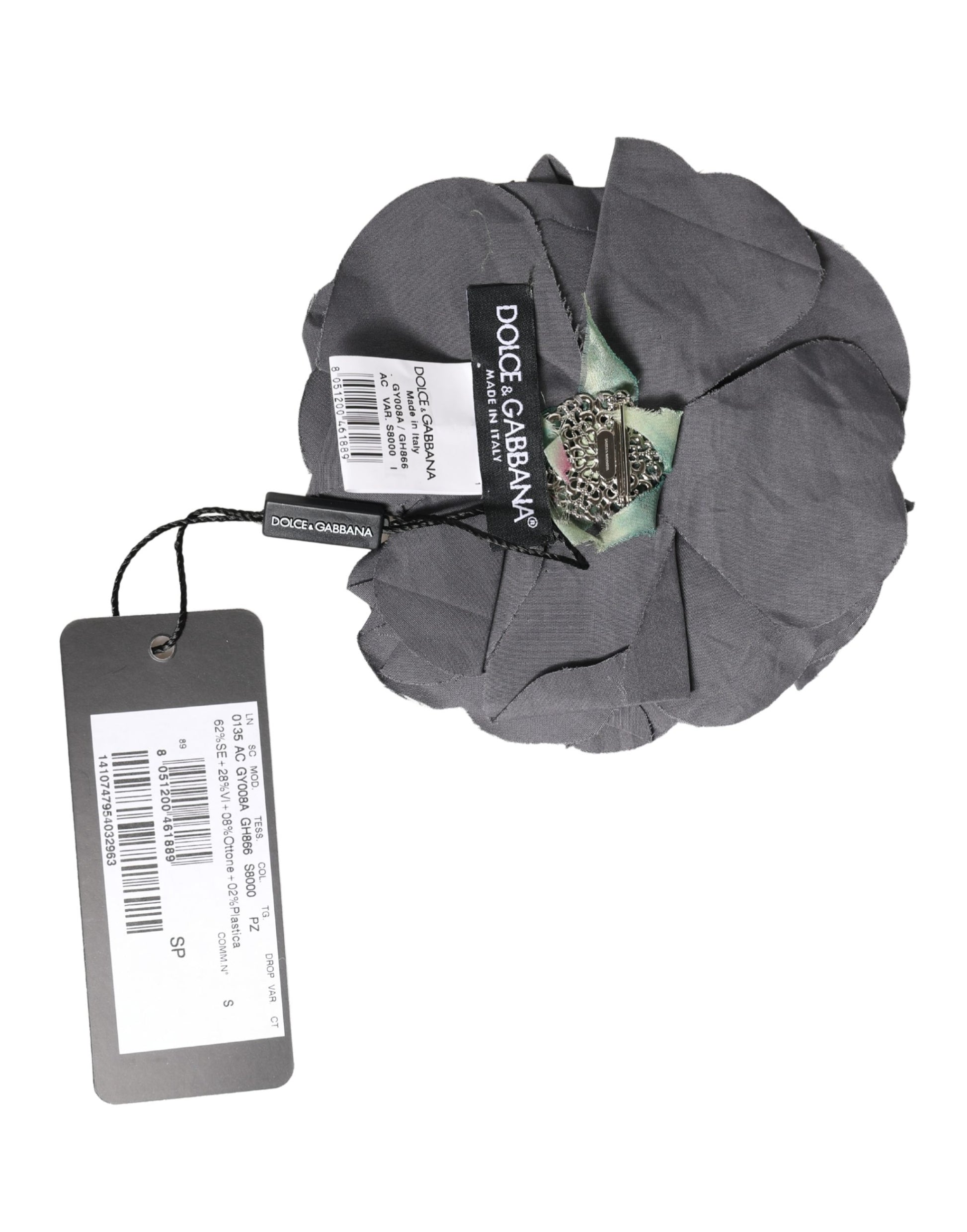 Broche Barrette Dolce & Gabbana en Tissu Popeline de Soie Mélangée à Motif Floral Gris