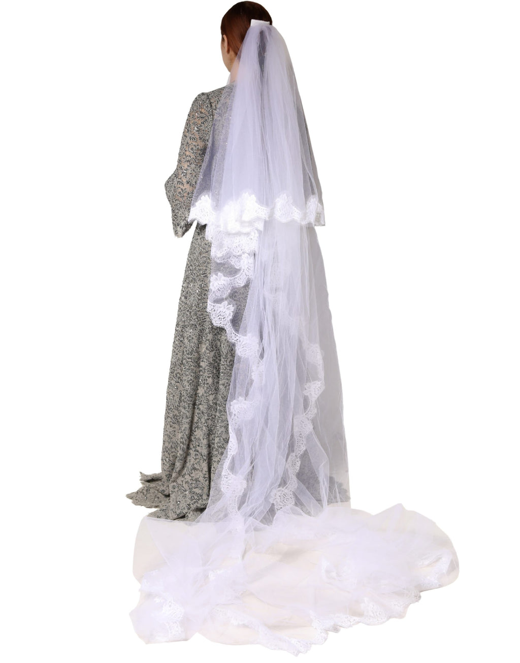 Voile de mariée long Dolce & Gabbana en nylon et dentelle florale blanche, longueur ras du sol