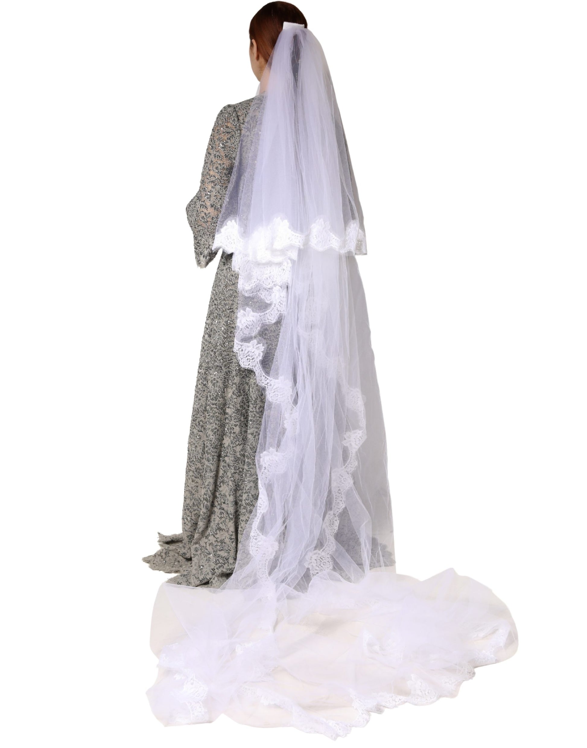 Voile de mariée long Dolce & Gabbana en nylon et dentelle florale blanche, longueur ras du sol