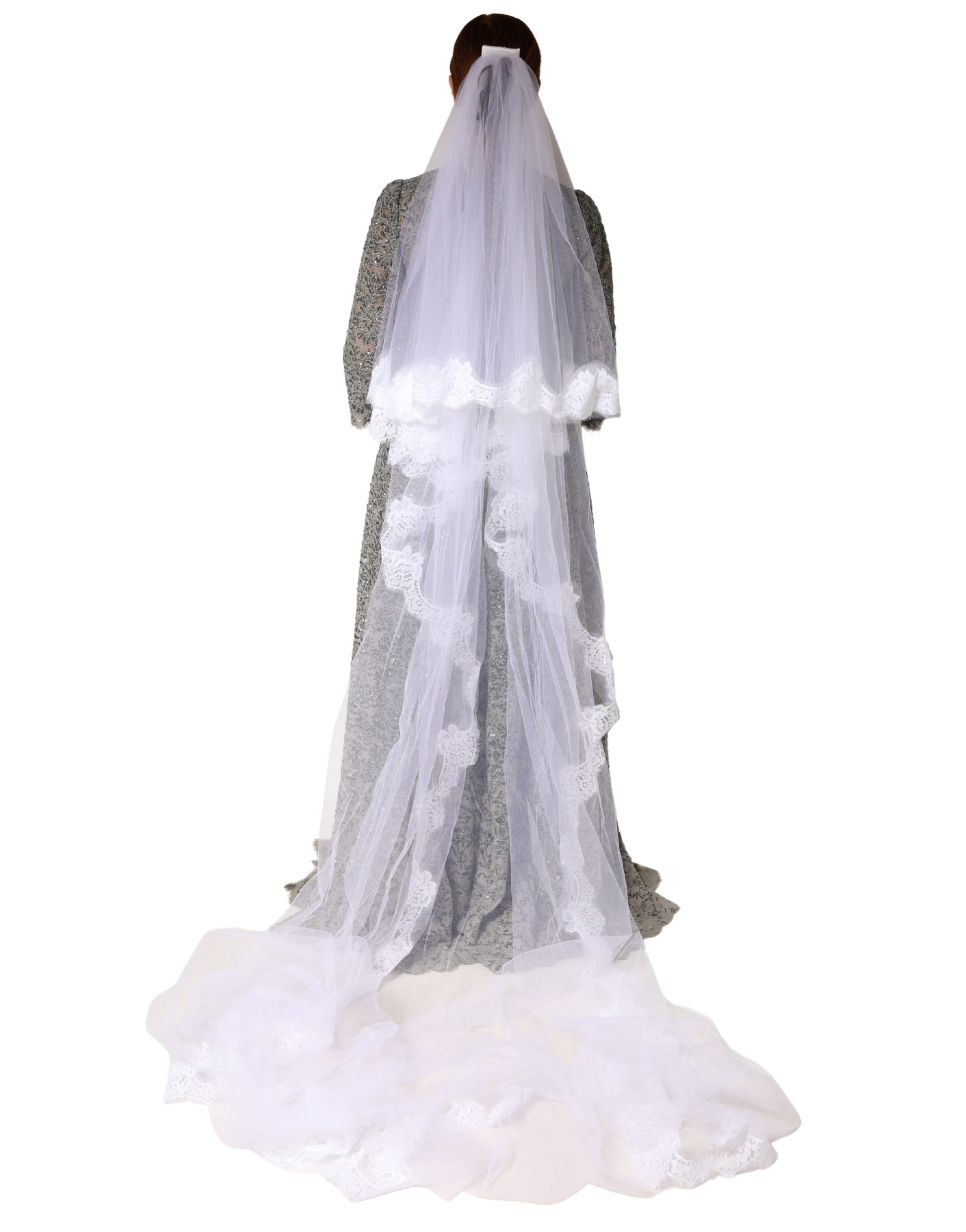 Voile de mariée long Dolce & Gabbana en nylon et dentelle florale blanche, longueur ras du sol