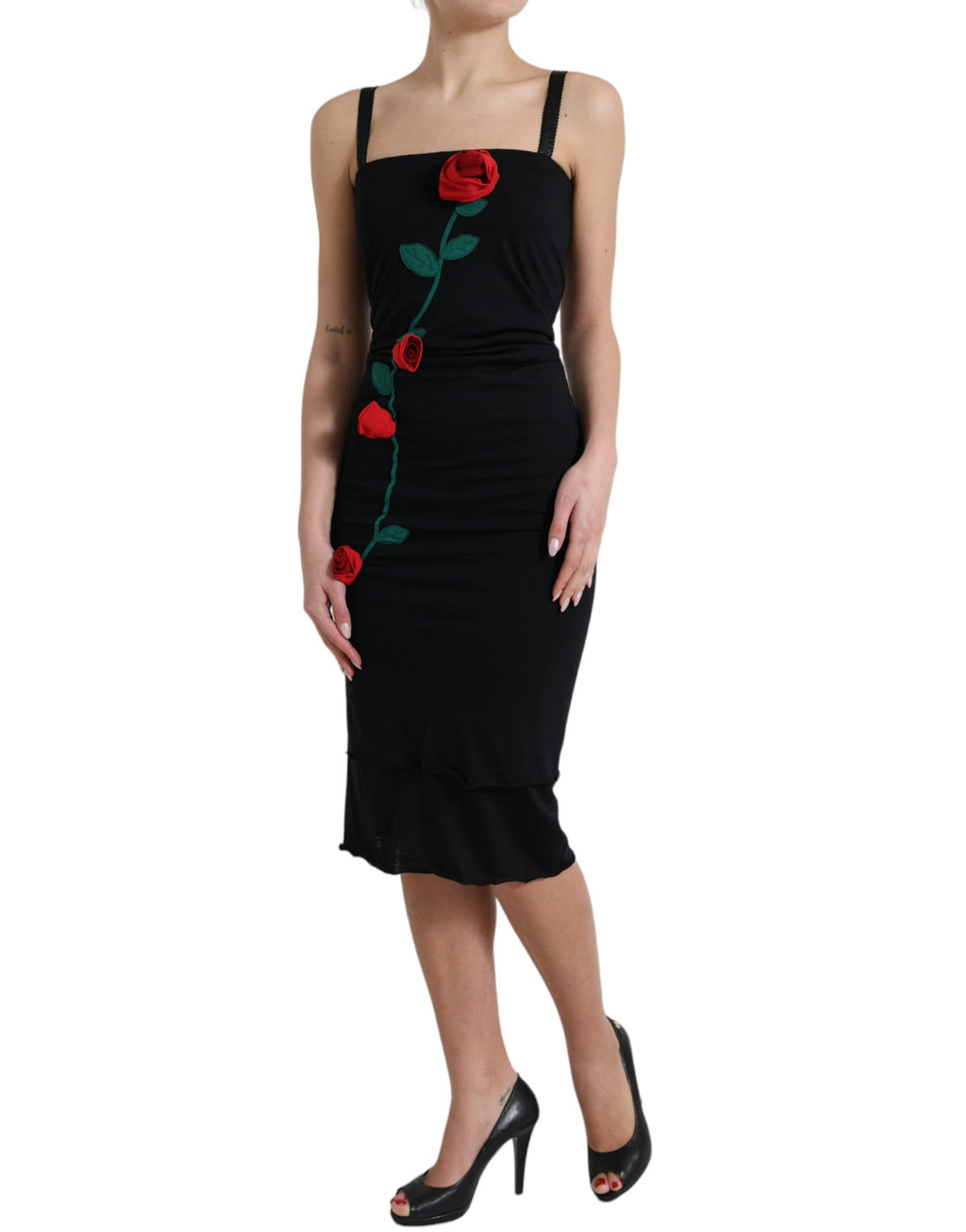 Robe sans manches en laine noire Dolce & Gabbana avec application rose