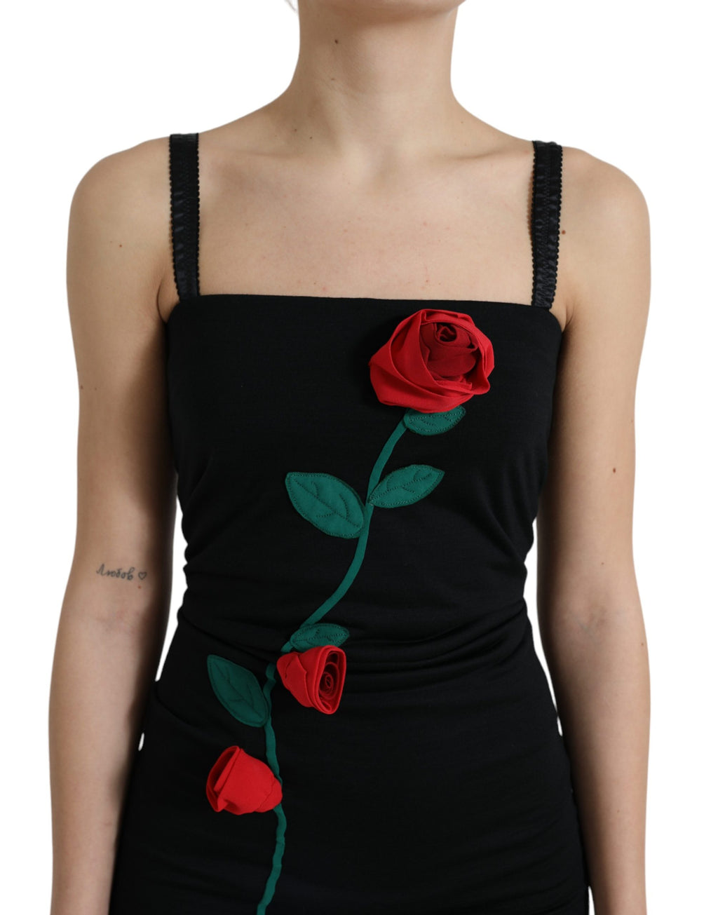 Robe sans manches en laine noire Dolce & Gabbana avec application rose
