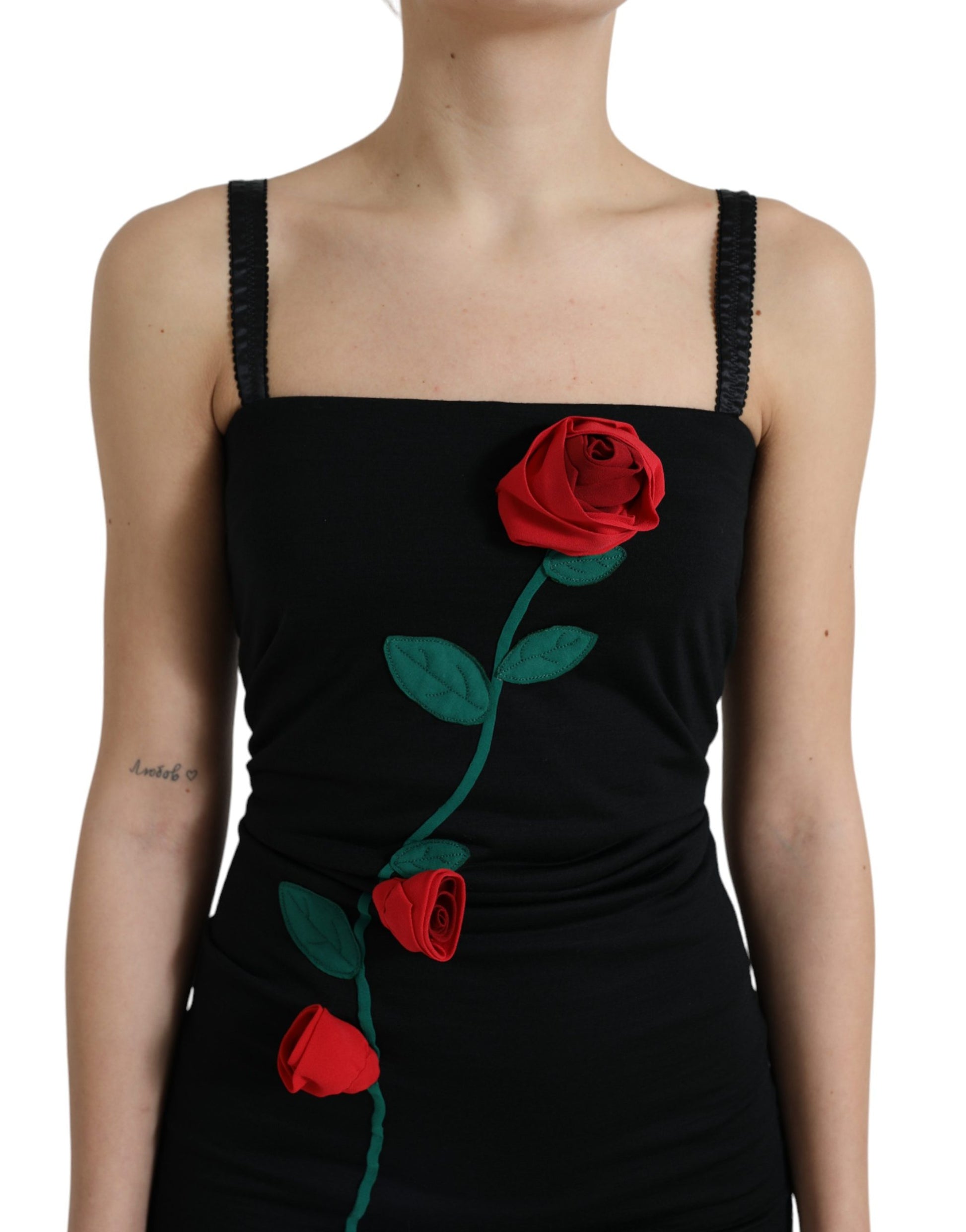 Robe sans manches en laine noire Dolce & Gabbana avec application rose
