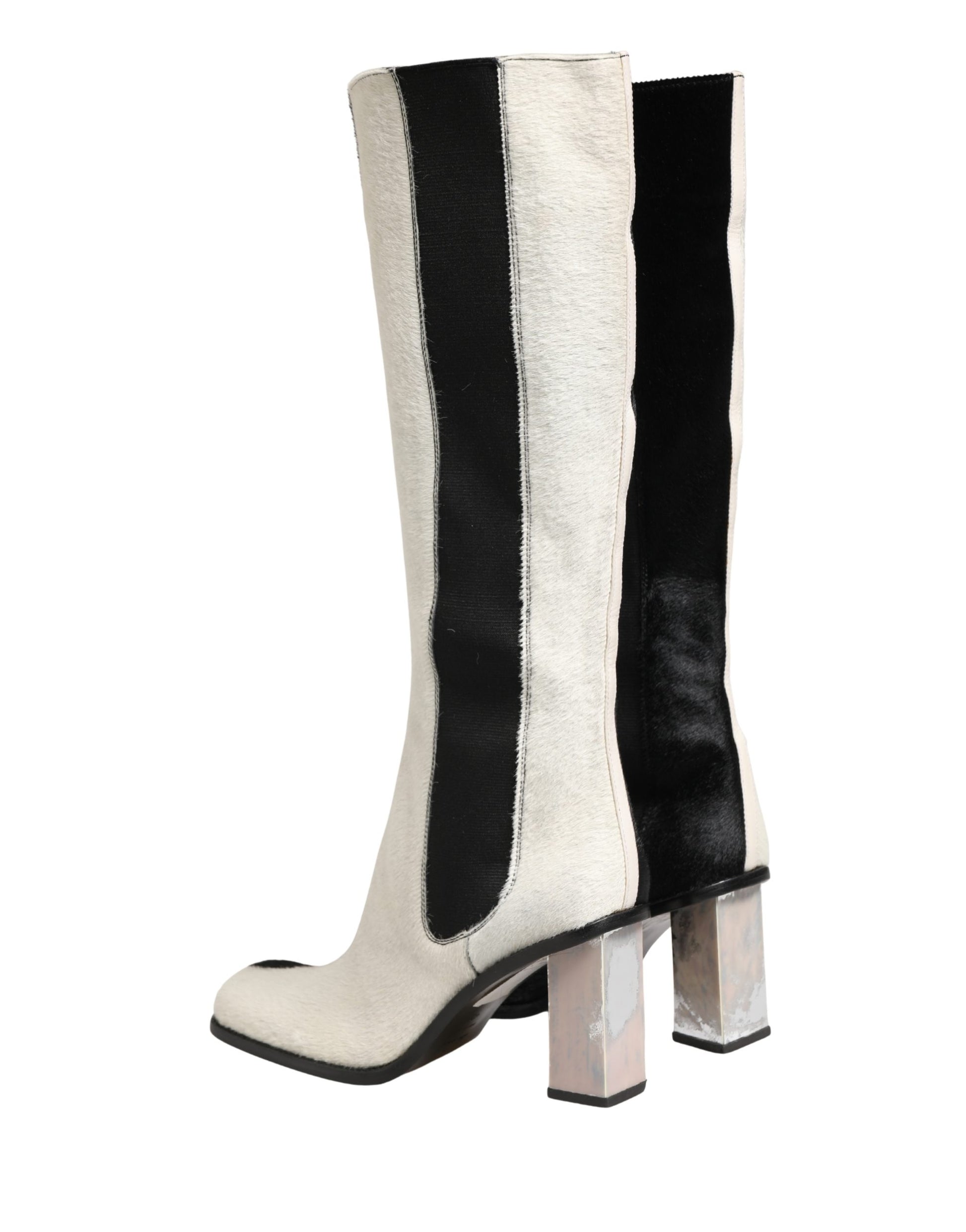 Dolce & Gabbana White Black Leather Knee High Boots Shoes
