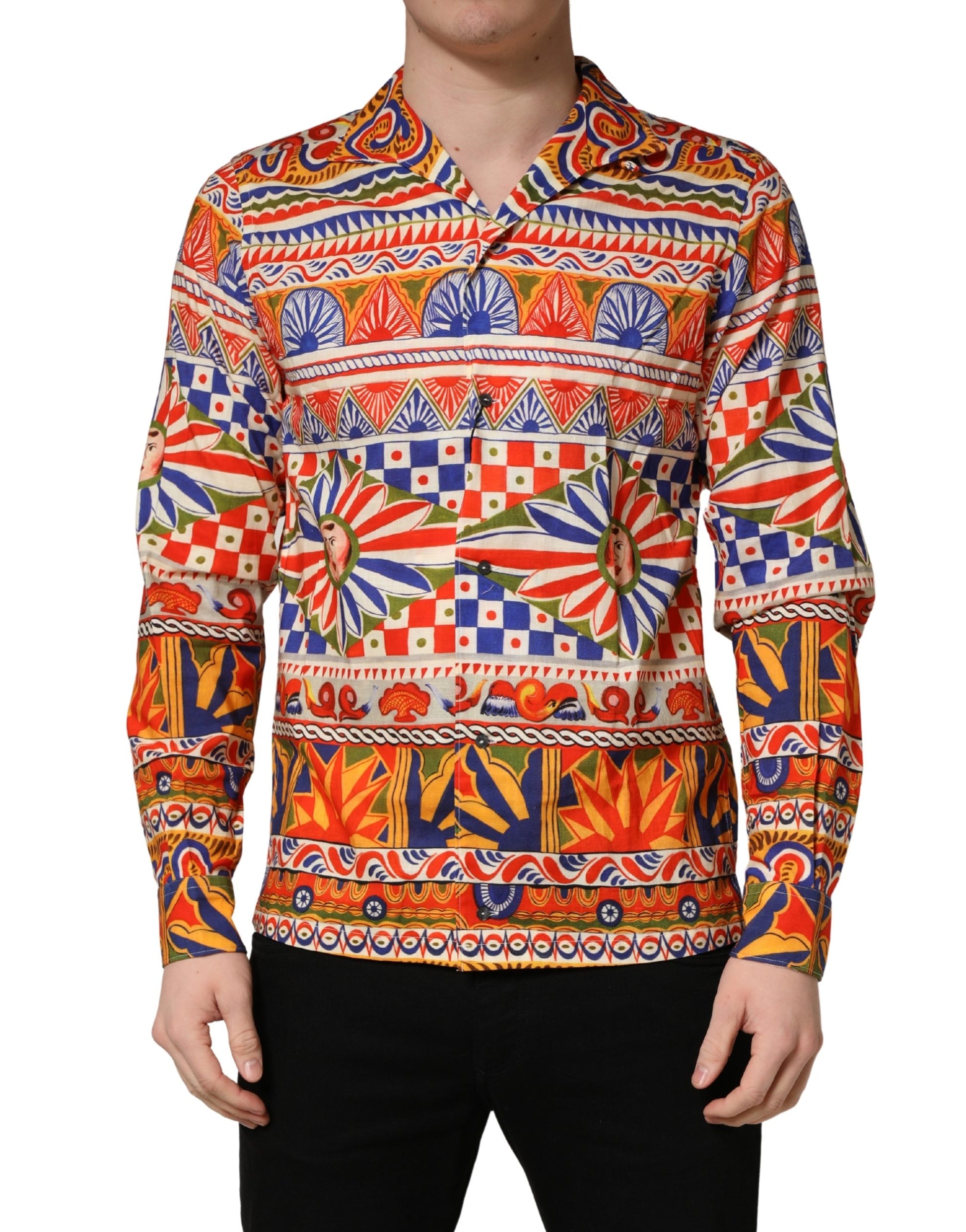 Chemise Homme en Coton Sergé Dolce & Gabbana Multicolore Motif Carretto Siciliano