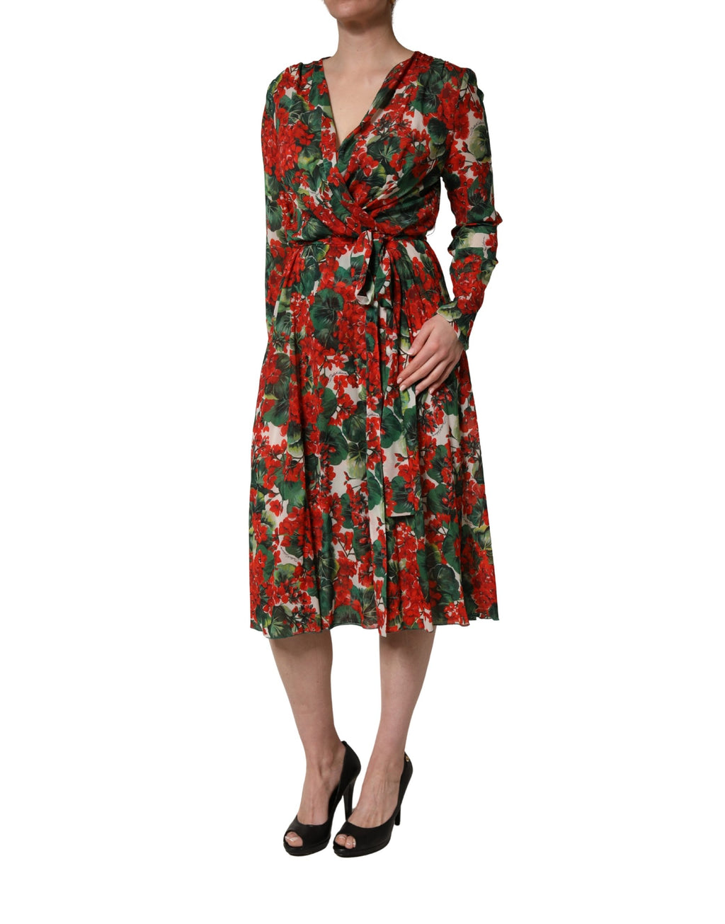 Robe longue Dolce & Gabbana à manches longues, col en V et imprimé floral multicolore