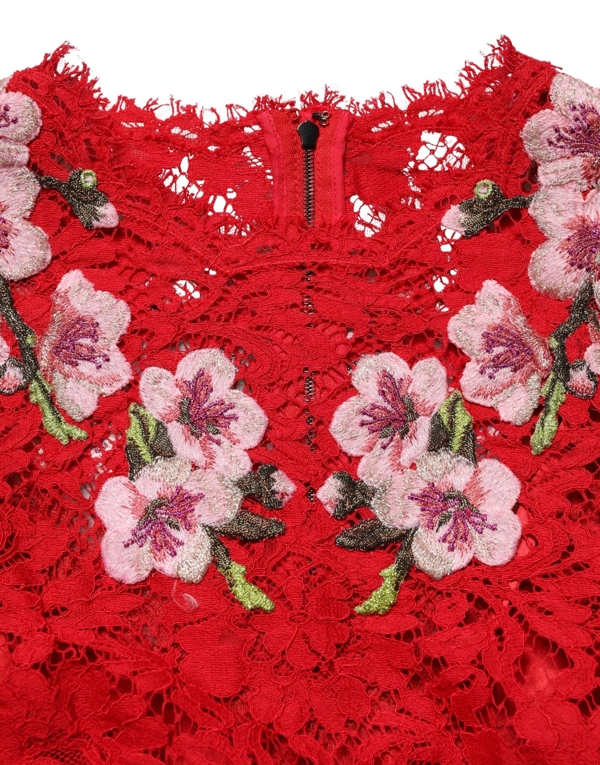 Haut à manches longues en dentelle rouge brodé de fleurs Dolce & Gabbana