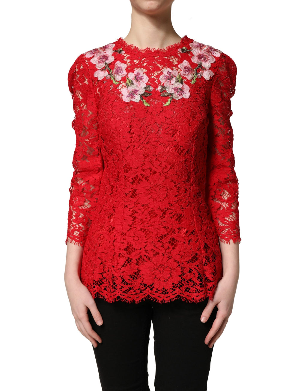Haut à manches longues en dentelle rouge brodé de fleurs Dolce & Gabbana