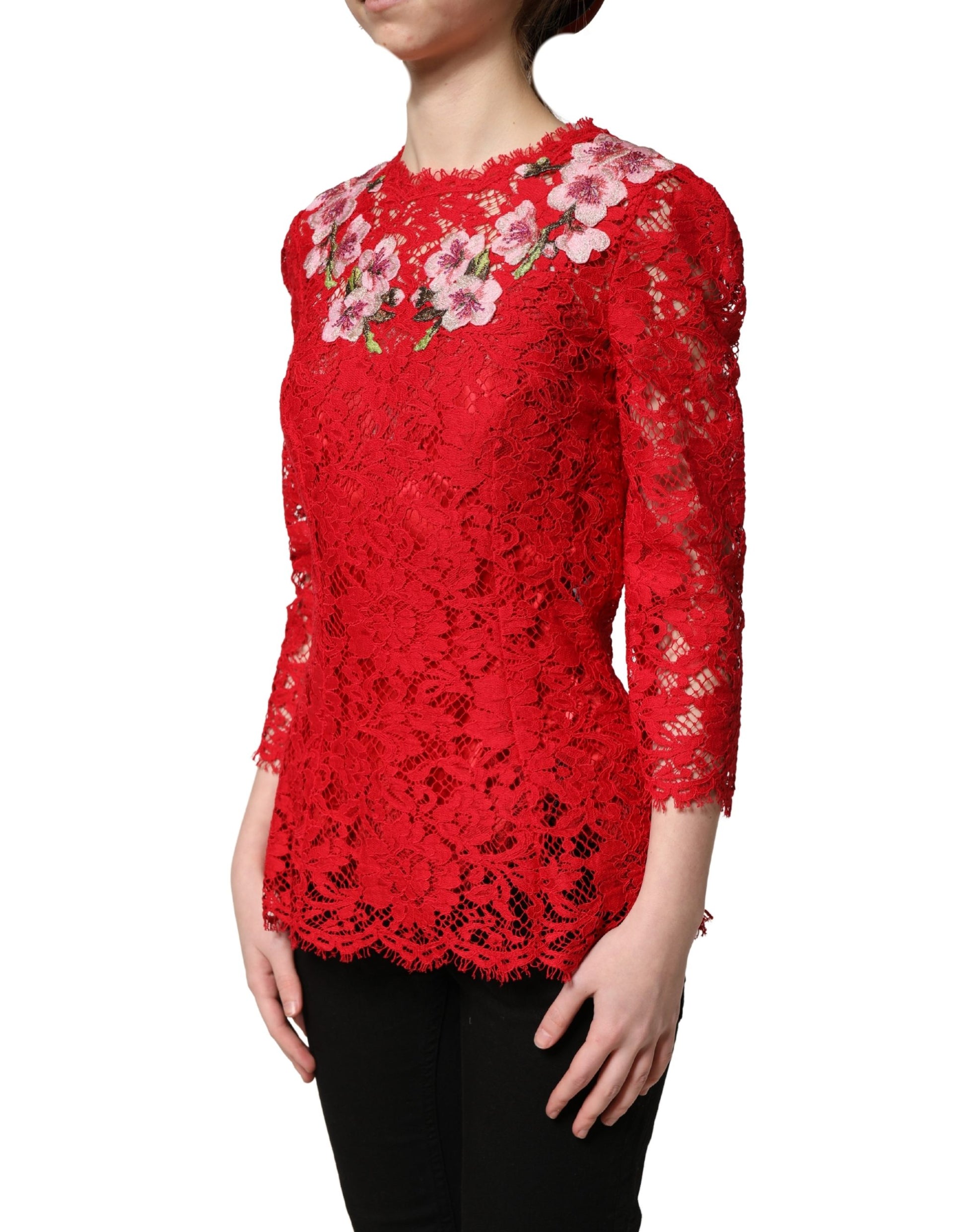 Haut à manches longues en dentelle rouge brodé de fleurs Dolce & Gabbana