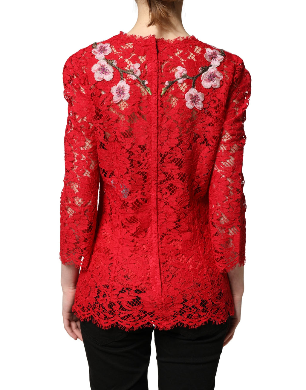 Haut à manches longues en dentelle rouge brodé de fleurs Dolce & Gabbana