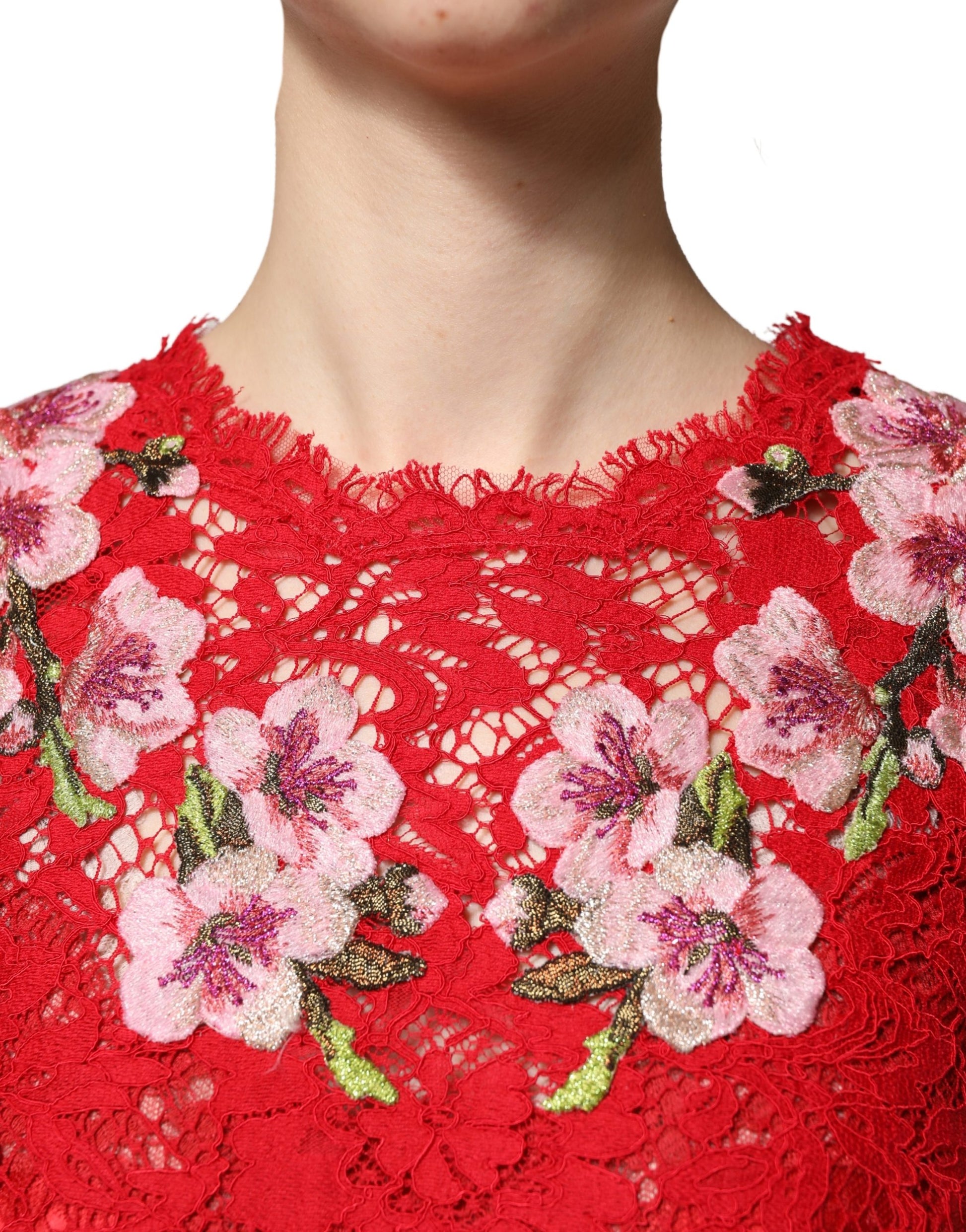 Haut à manches longues en dentelle rouge brodé de fleurs Dolce & Gabbana
