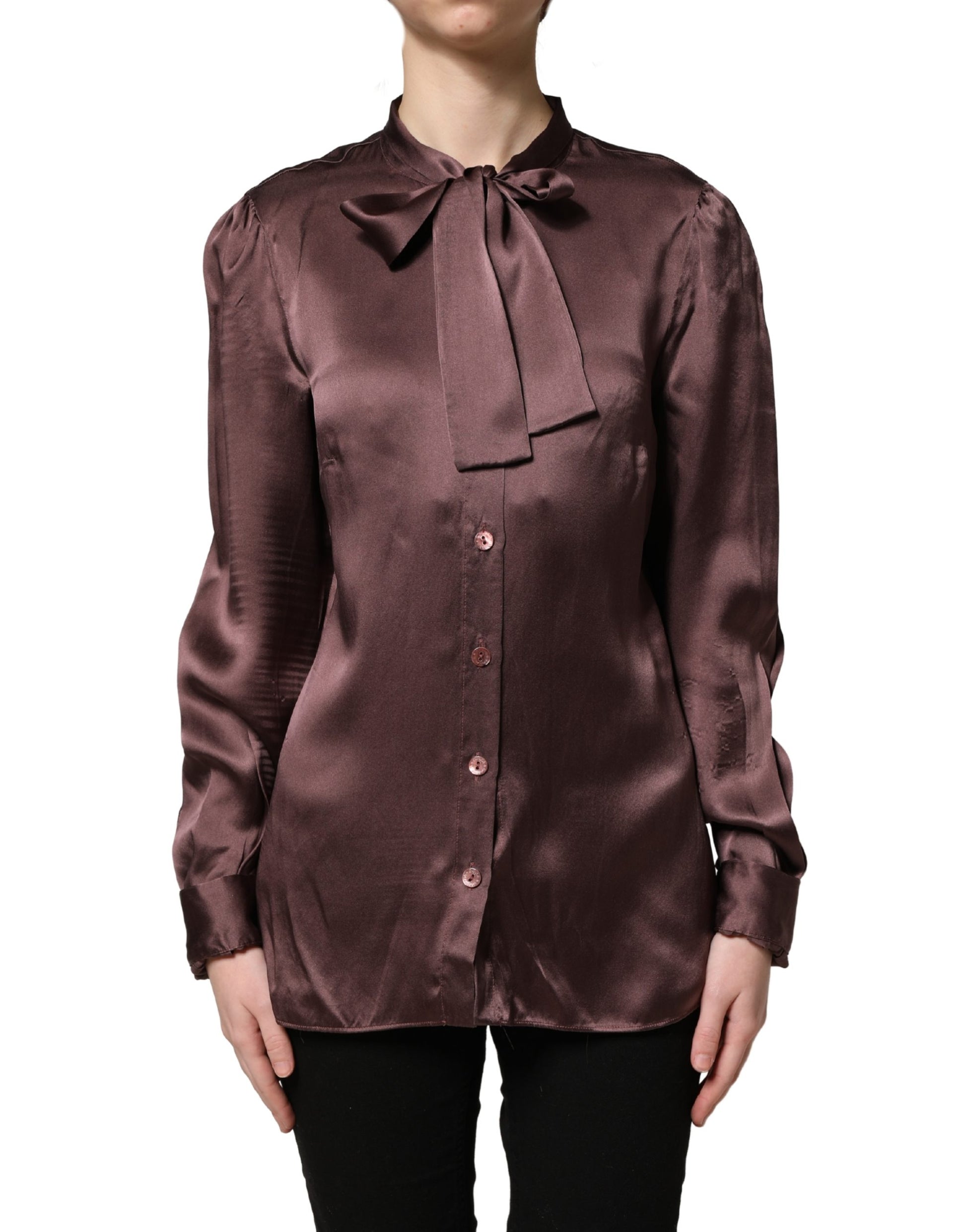 Dolce & Gabbana Violet Satin Long Sleeve Ascot Tie Shirt Top