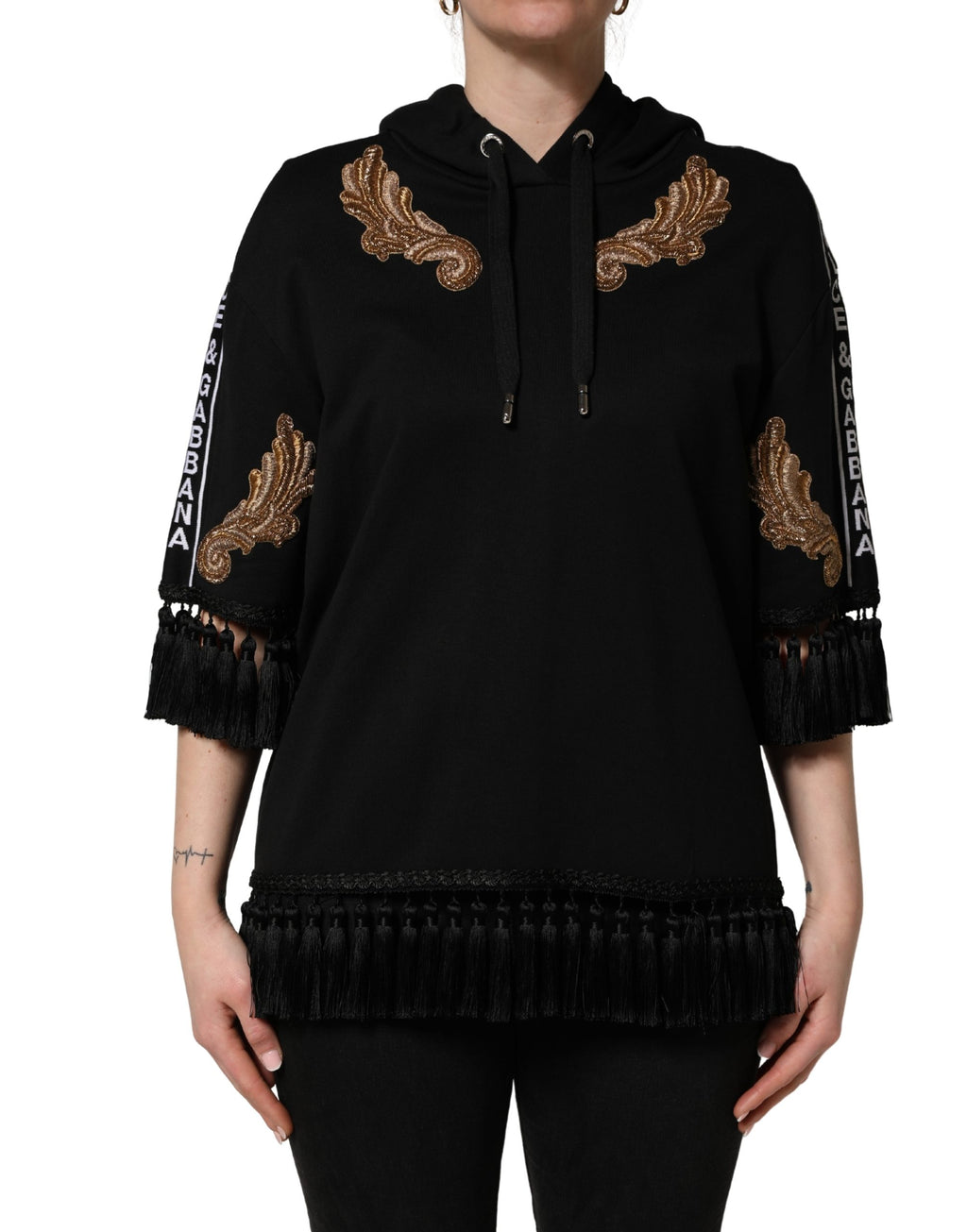 Dolce & Gabbana Schwarzer bestickter Kapuzenpullover mit Quasten