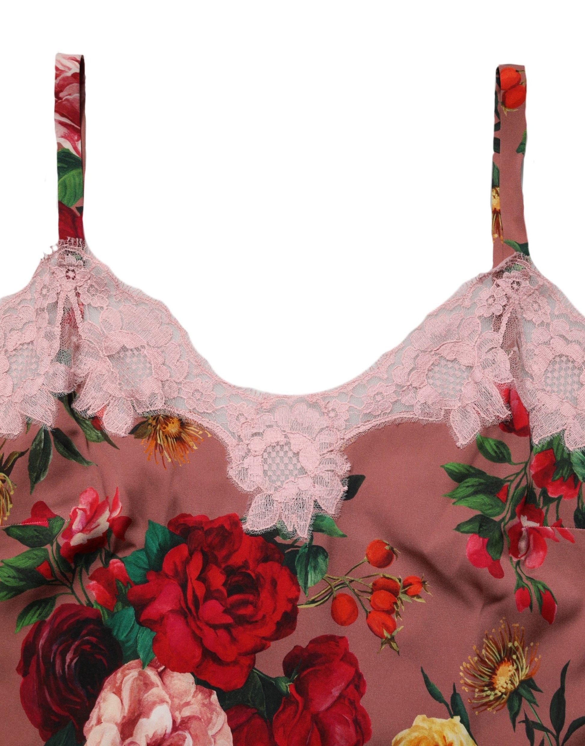 Débardeur caraco en satin à imprimé rose marron et dentelle Dolce & Gabbana