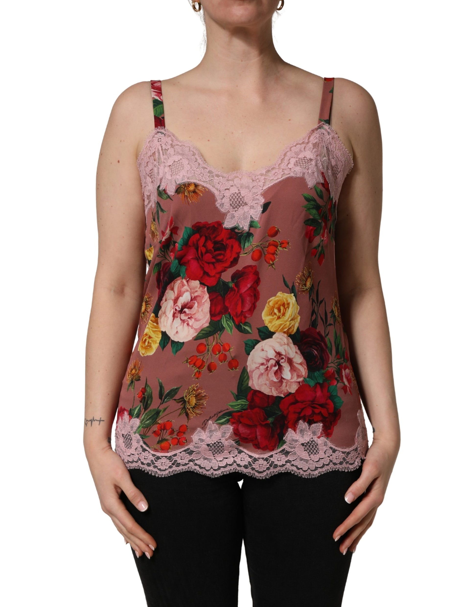 Débardeur caraco en satin à imprimé rose marron et dentelle Dolce & Gabbana
