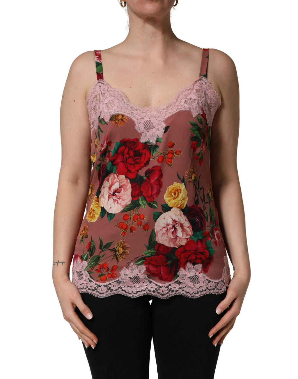 Débardeur caraco en satin à imprimé rose marron et dentelle Dolce & Gabbana