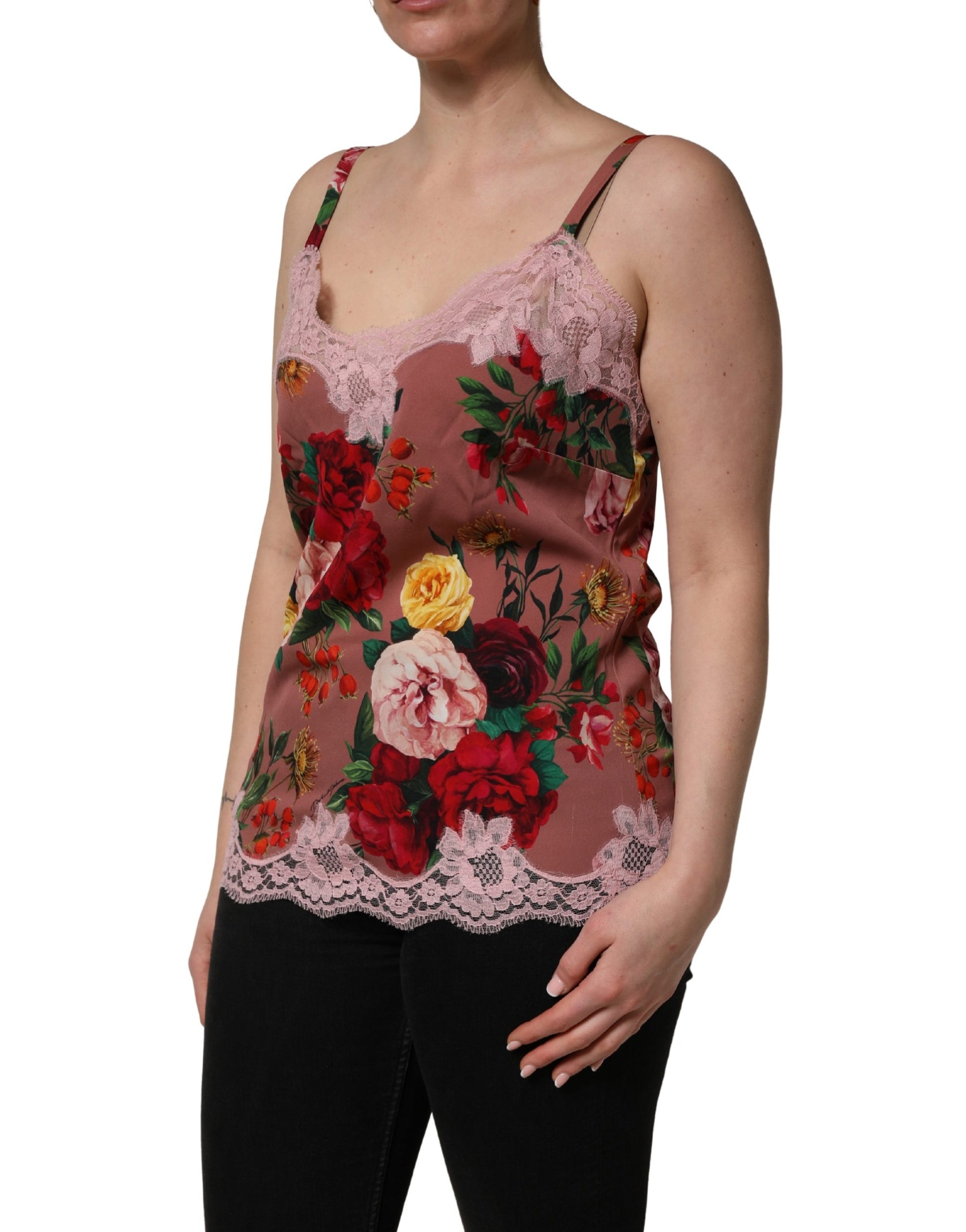 Débardeur caraco en satin à imprimé rose marron et dentelle Dolce & Gabbana