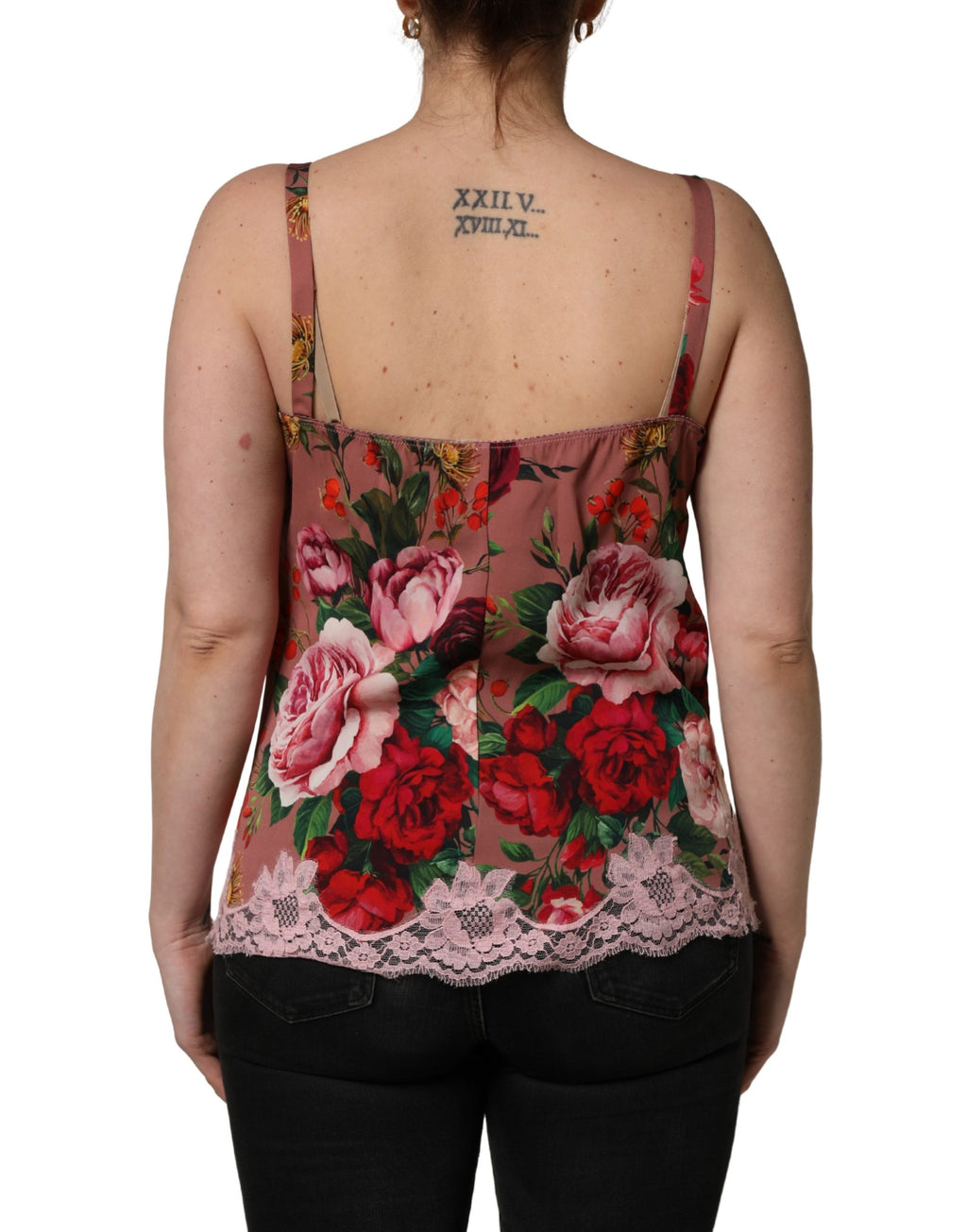 Débardeur caraco en satin à imprimé rose marron et dentelle Dolce & Gabbana