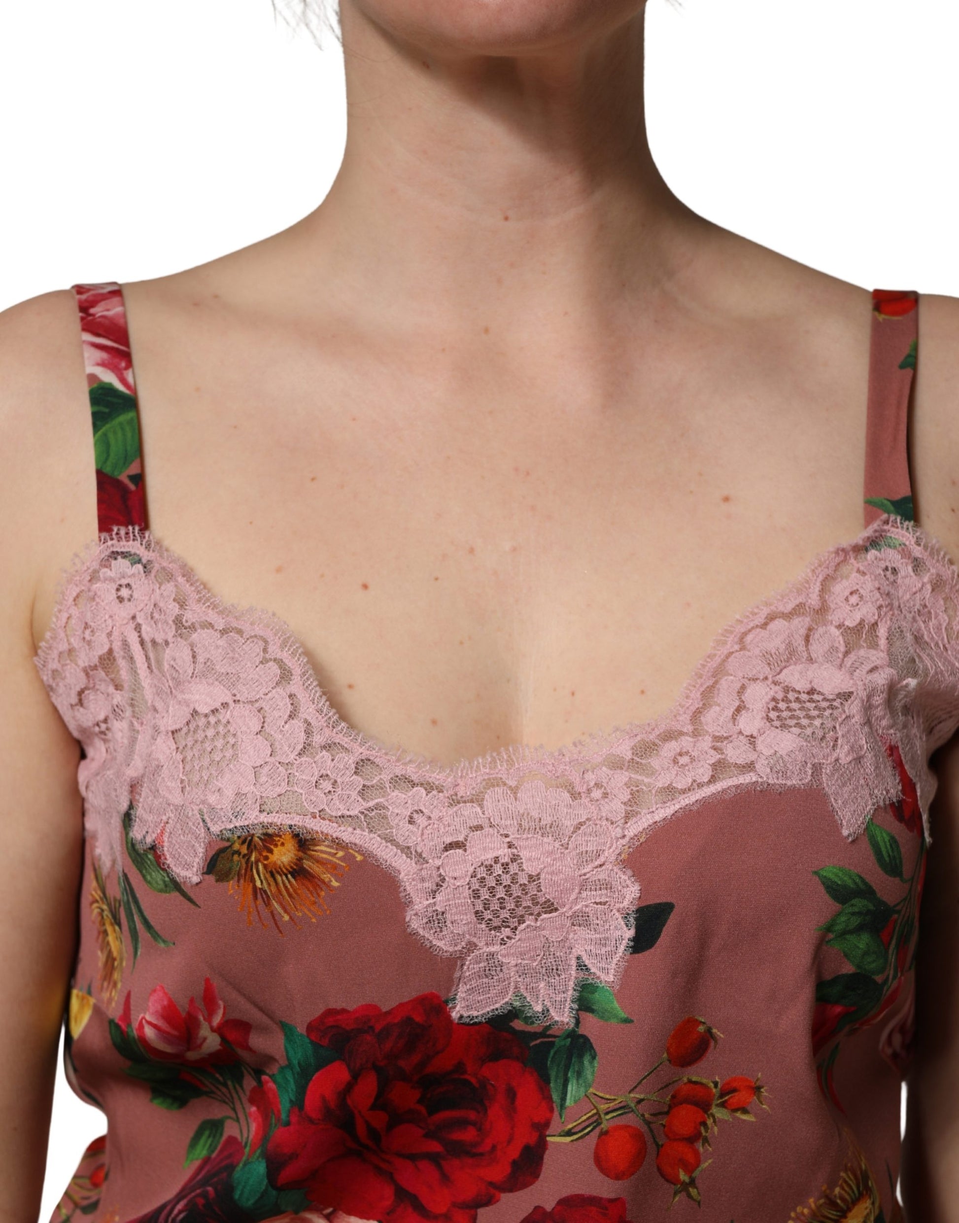Débardeur caraco en satin à imprimé rose marron et dentelle Dolce & Gabbana