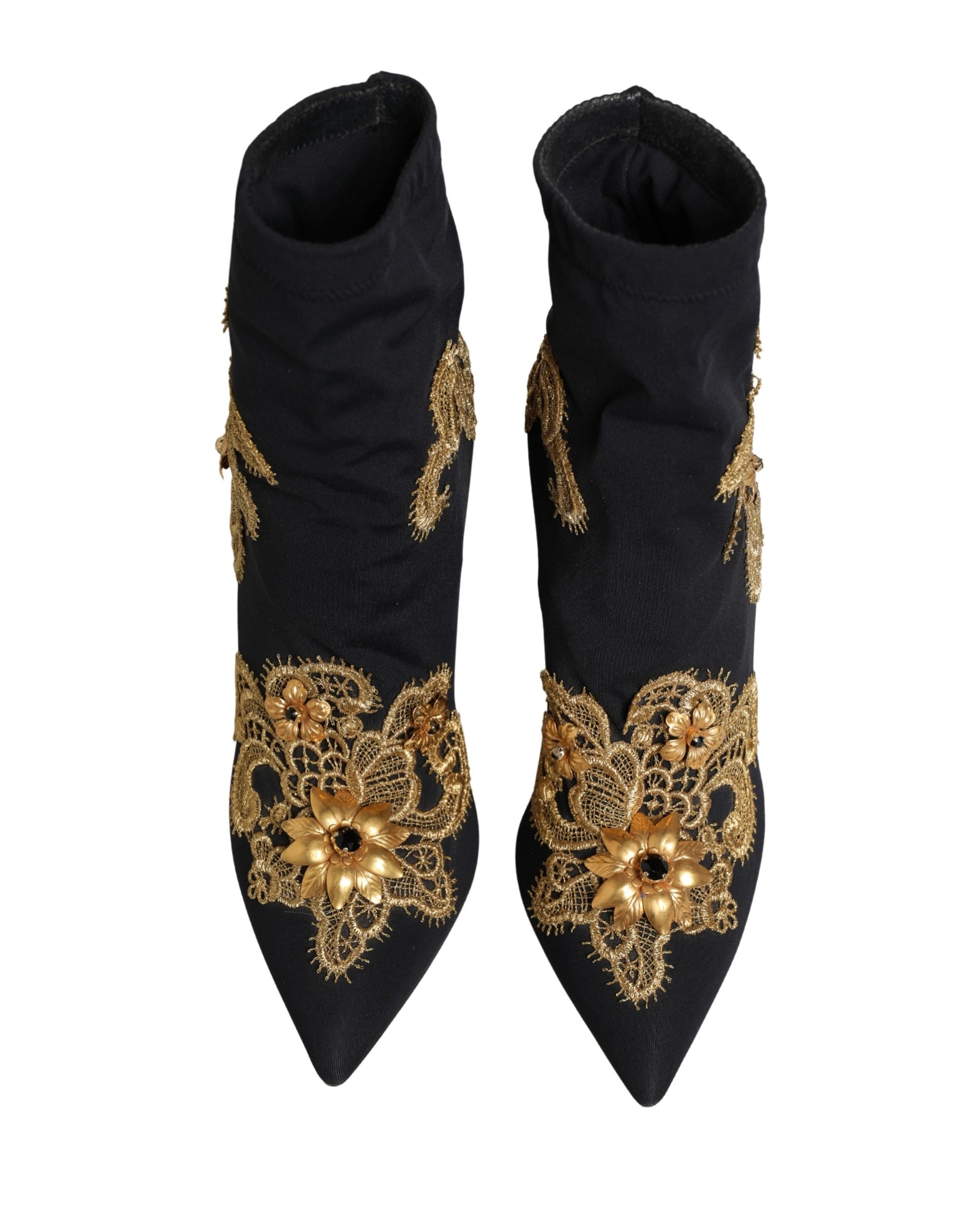 Dolce & Gabbana Black Gold Embroidery Crystal Boots Shoes