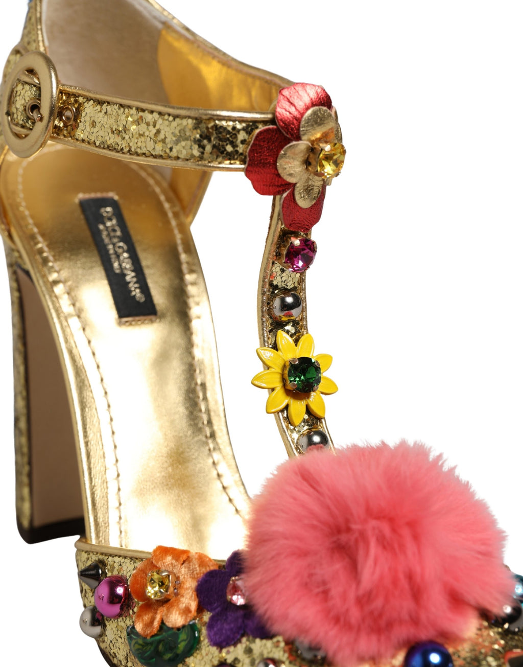 Chaussures Sandales T-strap Paillettes et Fourrure Dorées Dolce & Gabbana