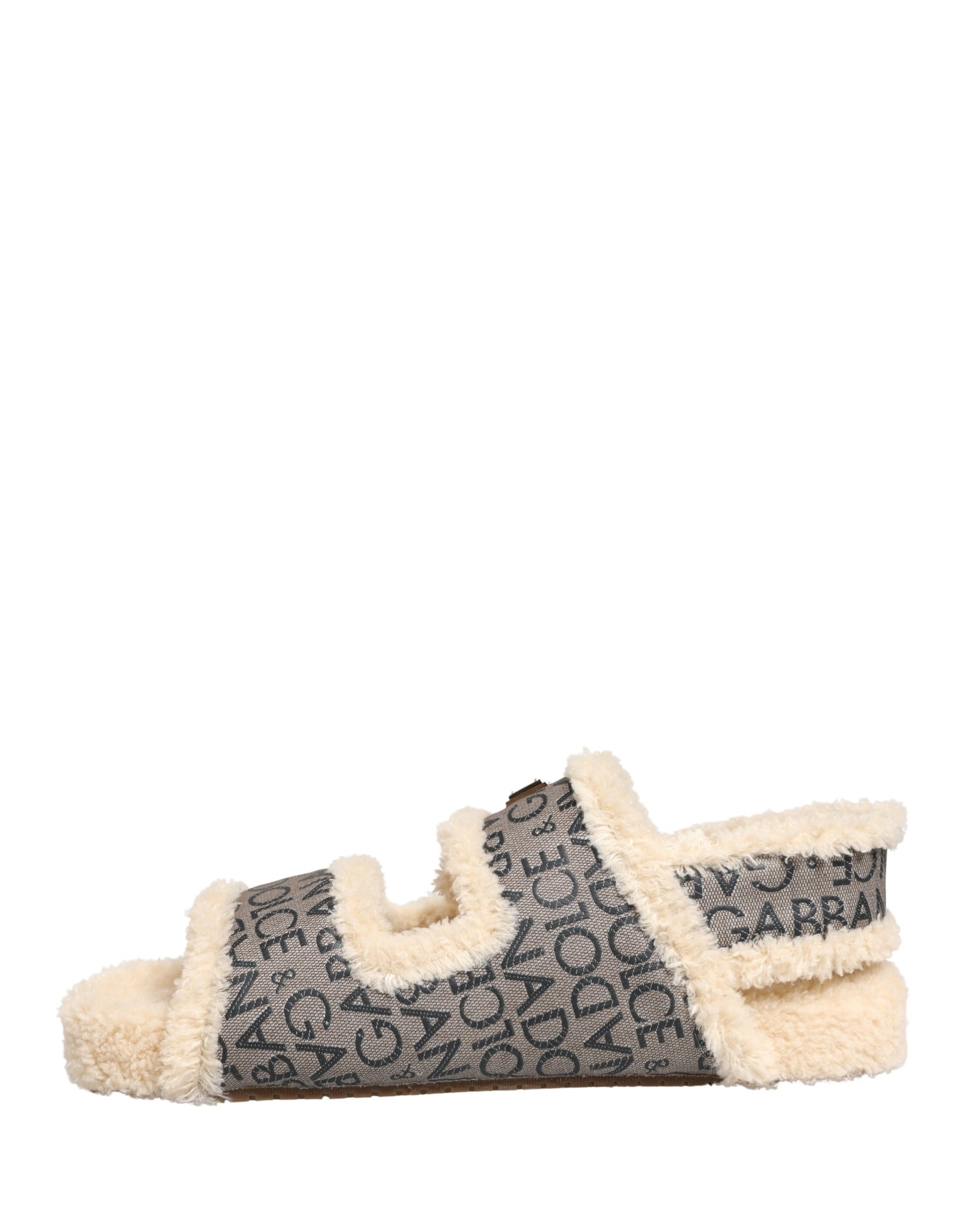 Chaussures sandales plates Dolce & Gabbana beiges en fausse fourrure à logo imprimé