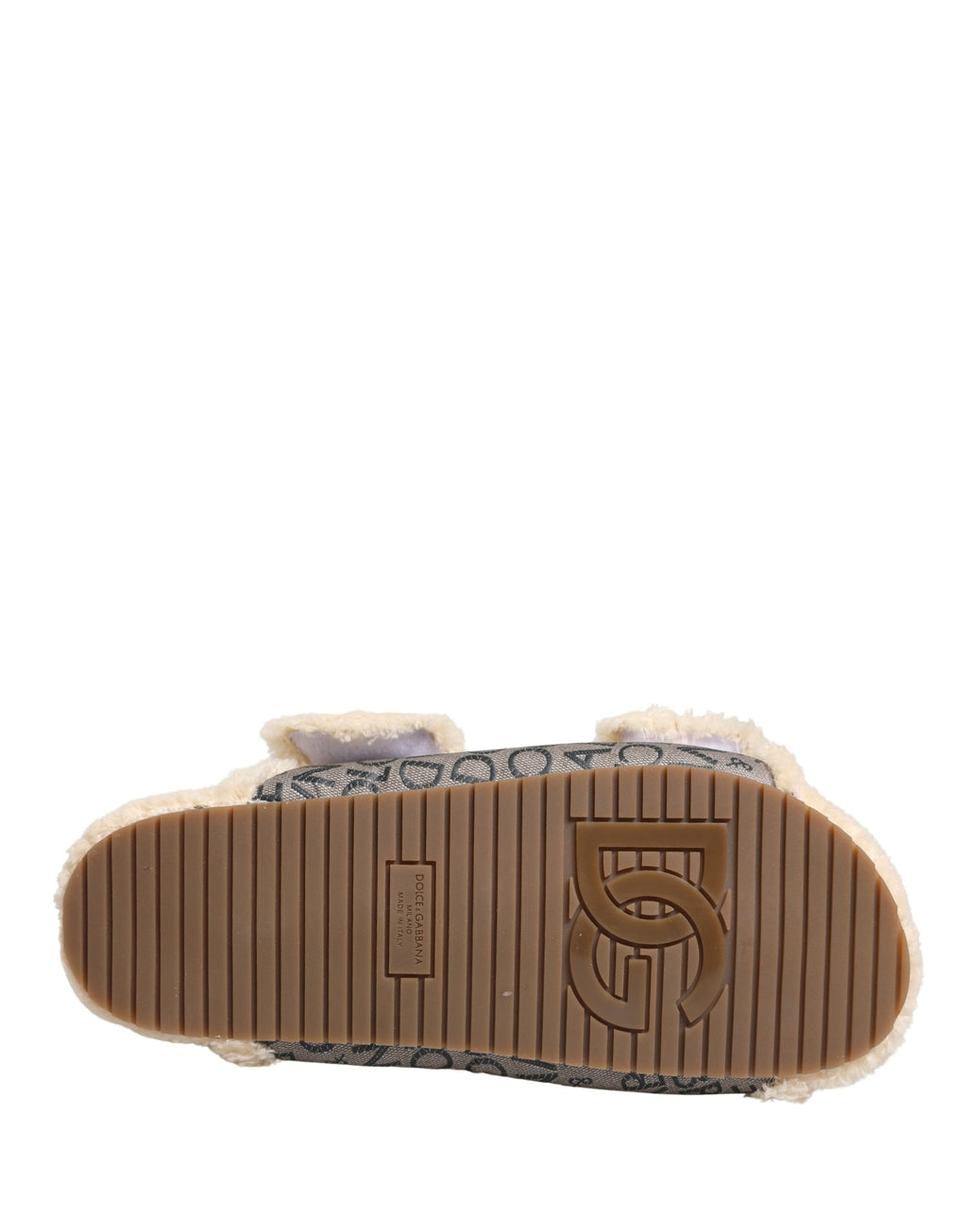 Chaussures sandales plates Dolce & Gabbana beiges en fausse fourrure à logo imprimé