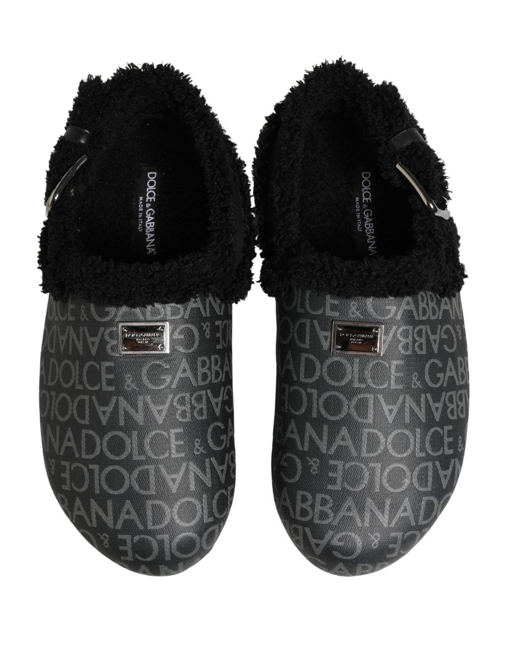 Dolce & Gabbana Mules Sandales Jacquard Gris Fausse Fourrure
