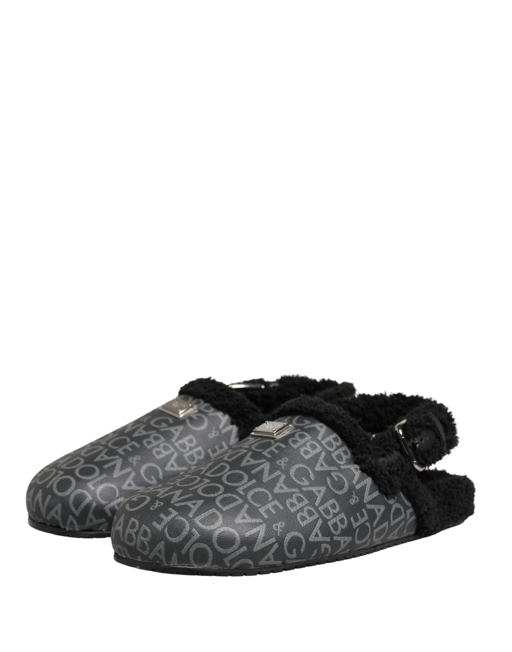 Dolce & Gabbana Mules Sandales Jacquard Gris Fausse Fourrure