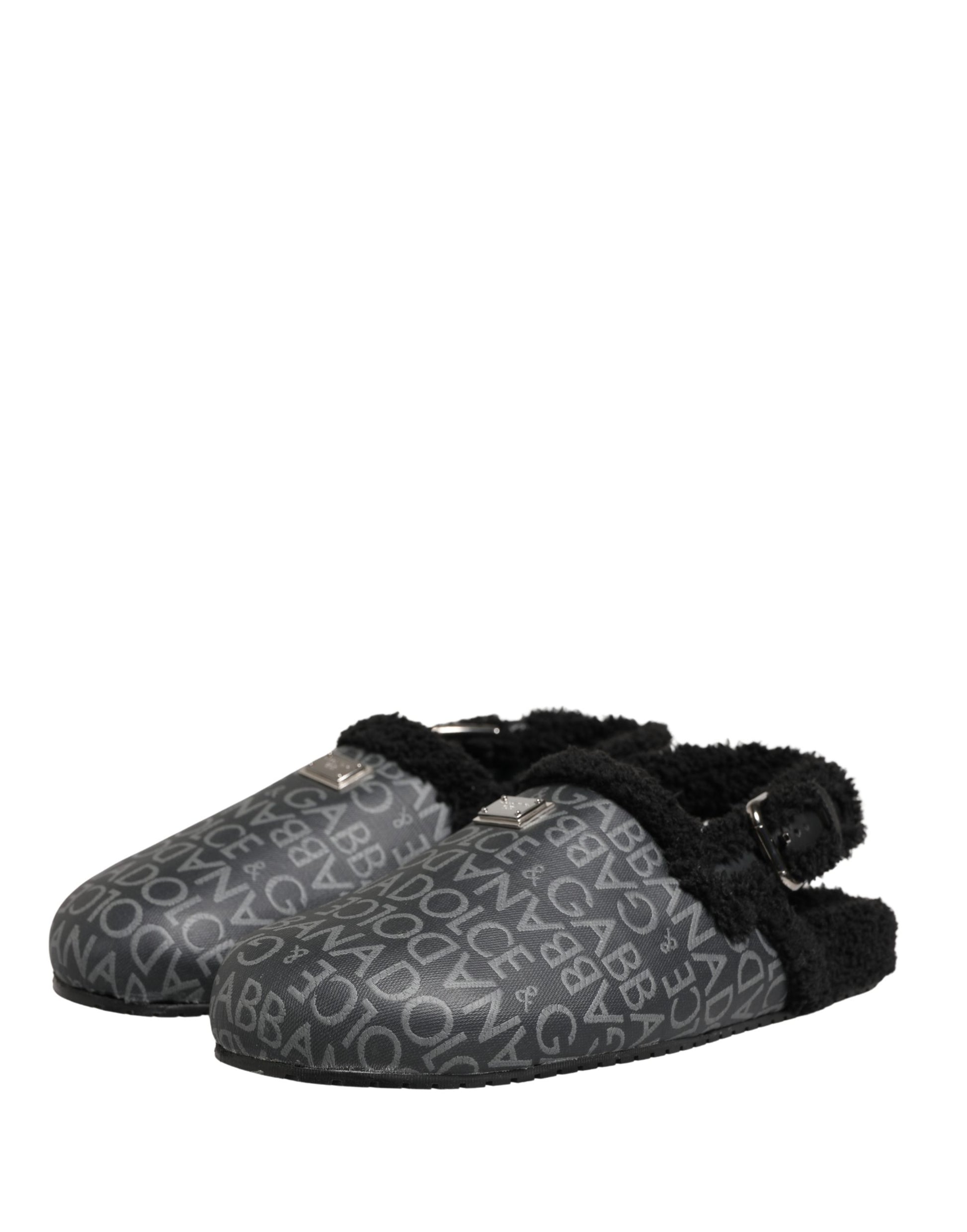Dolce & Gabbana Mules Sandales Jacquard Gris Fausse Fourrure
