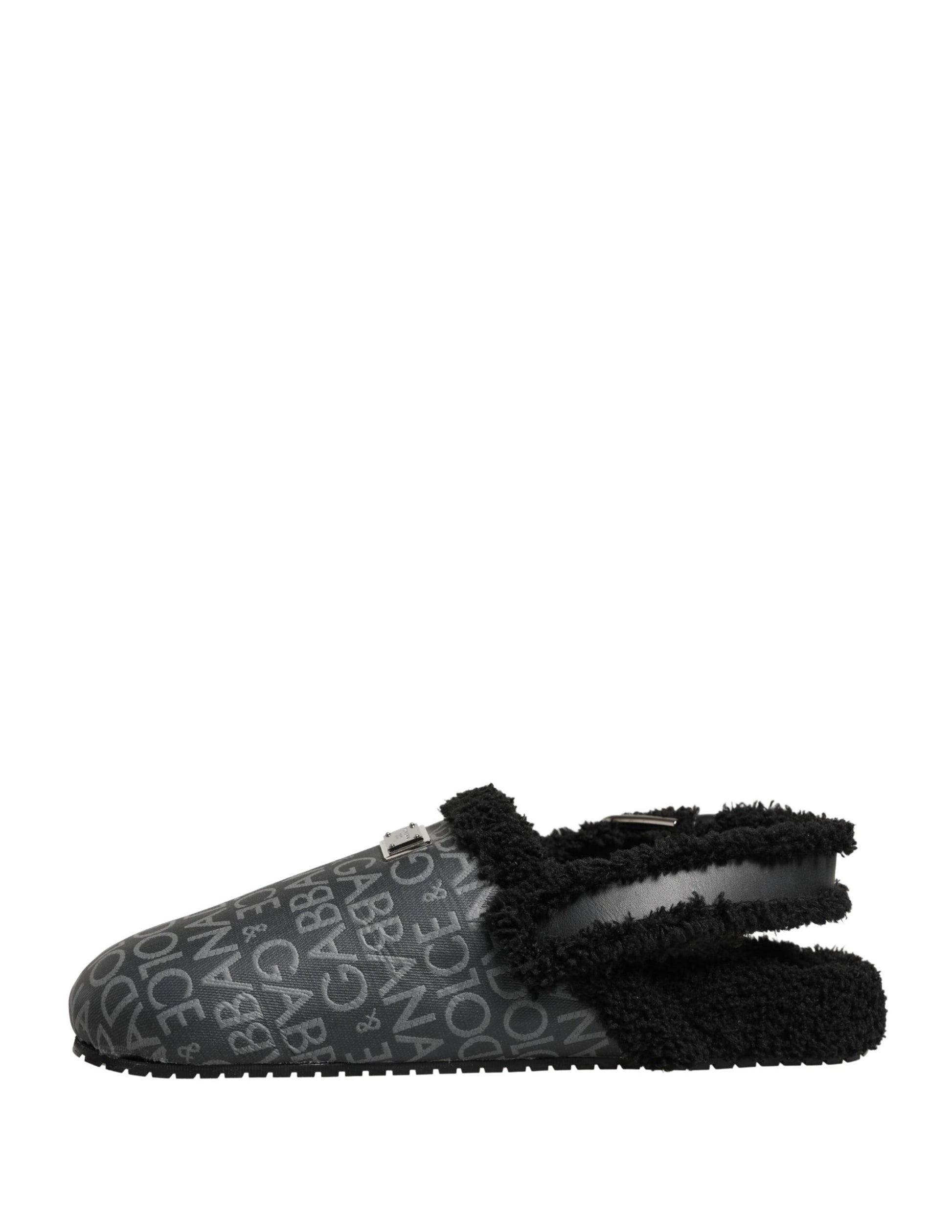 Dolce & Gabbana Mules Sandales Jacquard Gris Fausse Fourrure