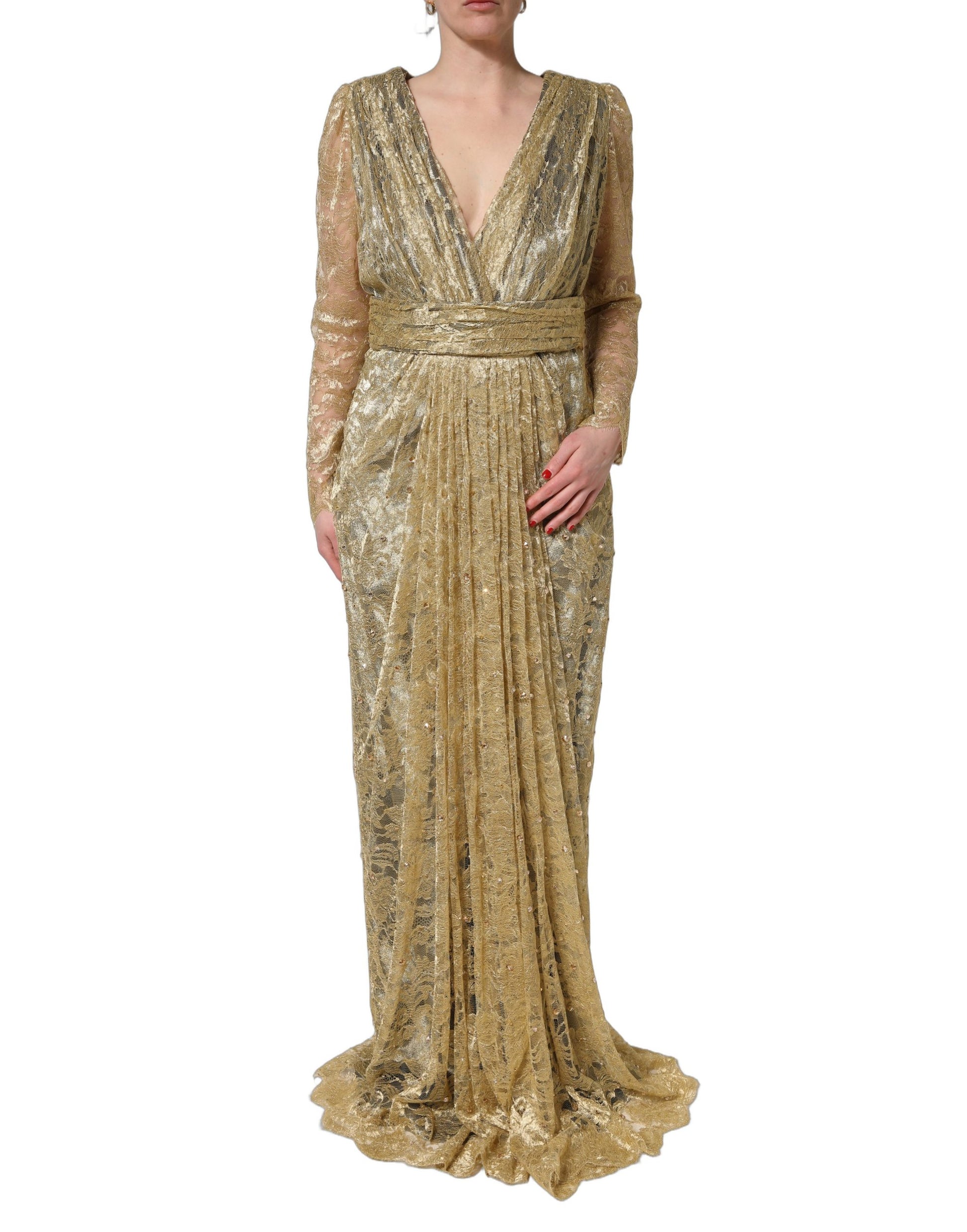 Robe Dolce & Gabbana en dentelle transparente dorée ornée de cristaux