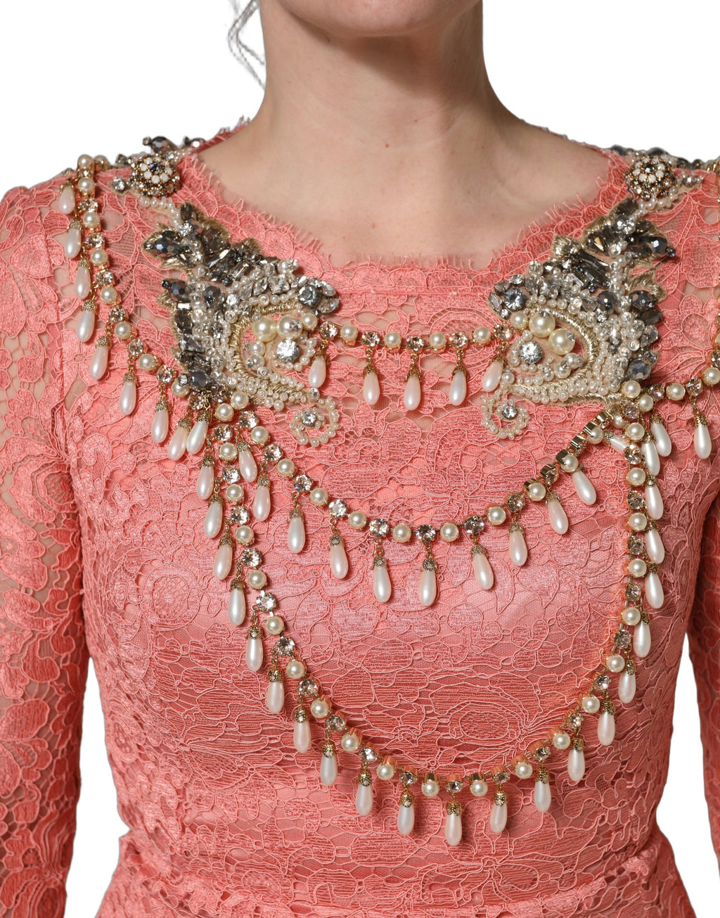 Robe sirène en dentelle ornée Dolce & Gabbana rose