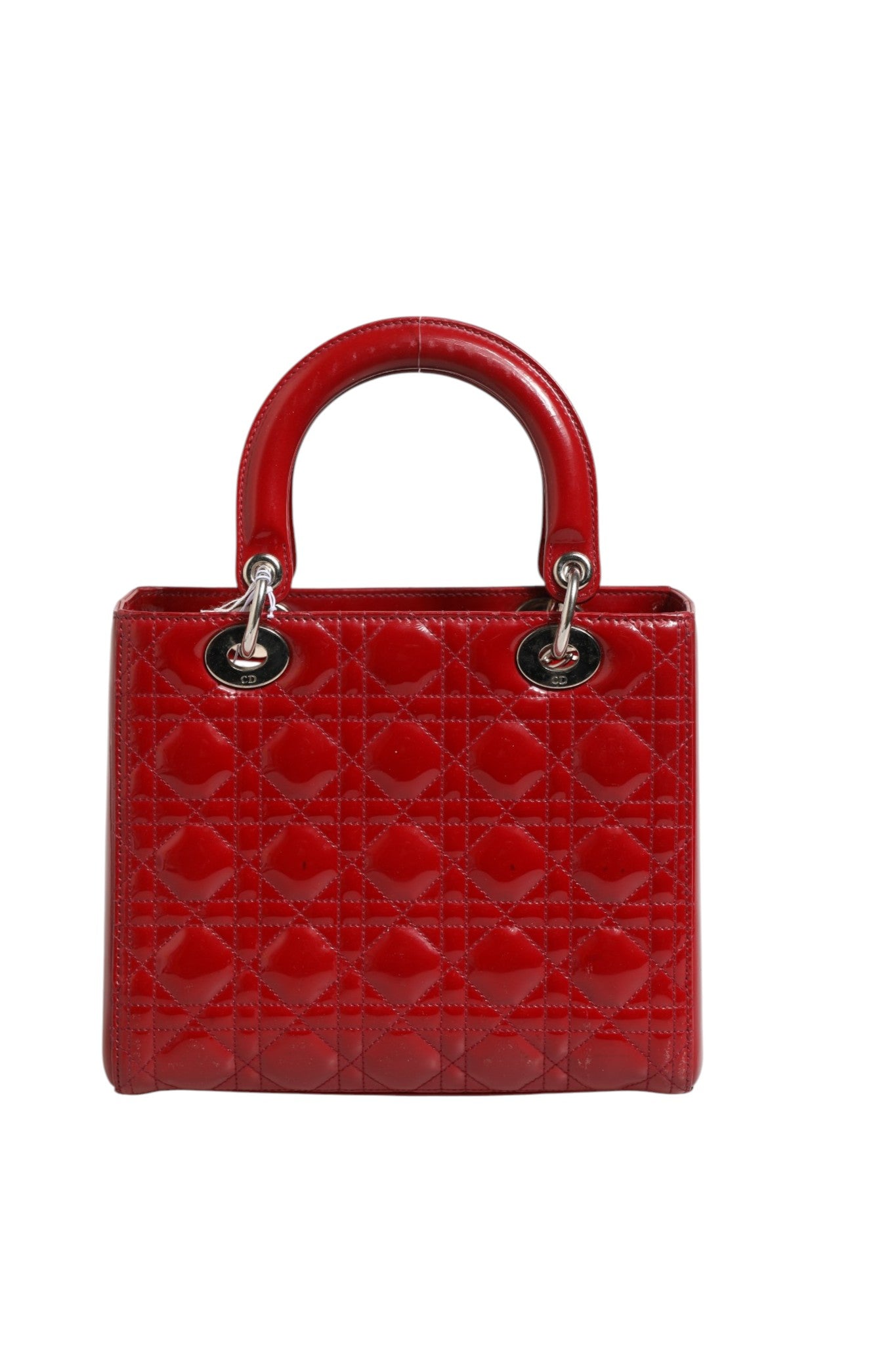 Sac Lady Dior petit modèle Christian Dior en cuir verni matelassé Cannage rouge cerise