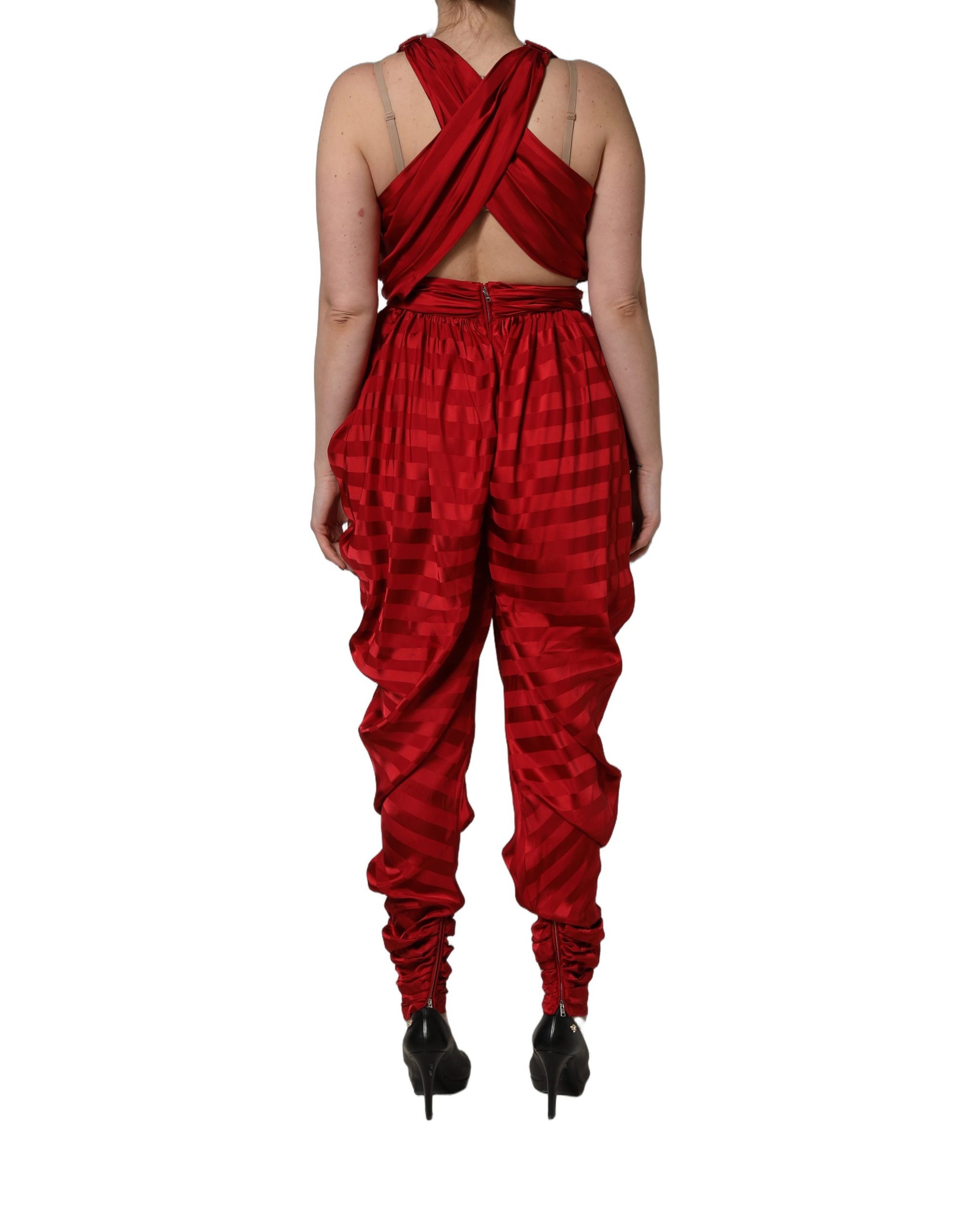 Robe-pantalon Dolce & Gabbana rouge drapée à col V plongeant et dos nu