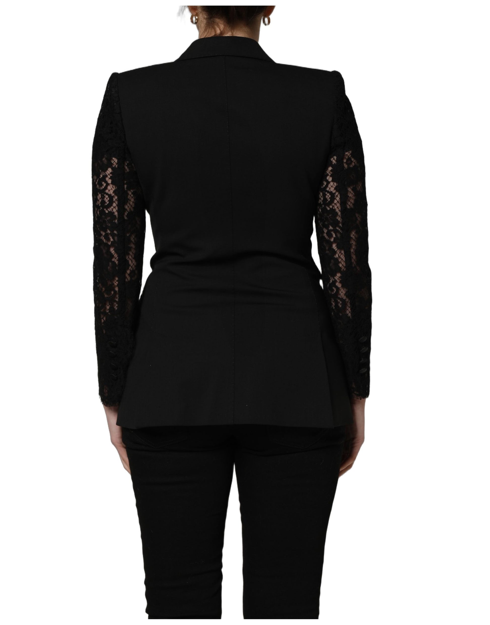 Veste noire croisée en laine avec manches en dentelle Dolce & Gabbana