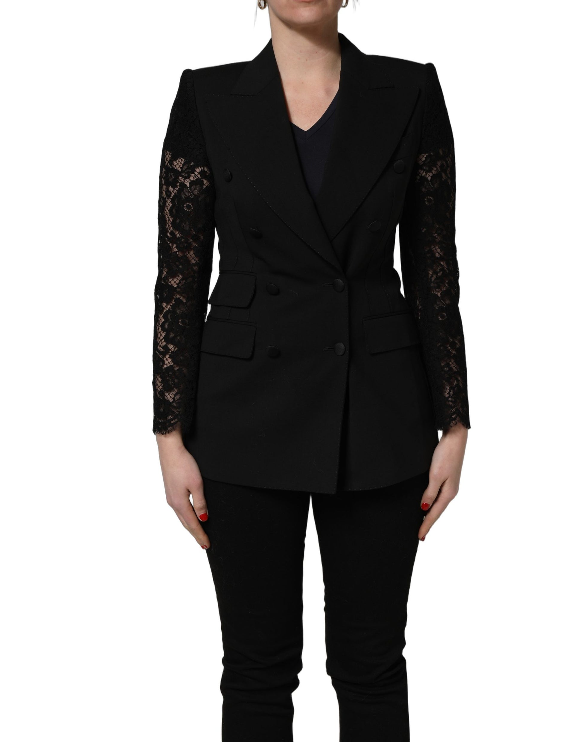 Veste noire croisée en laine avec manches en dentelle Dolce & Gabbana