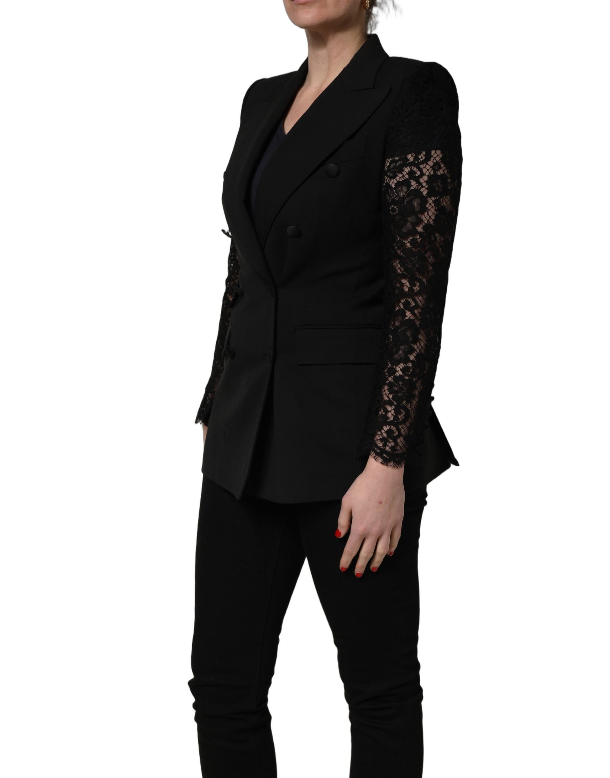 Veste noire croisée en laine avec manches en dentelle Dolce & Gabbana