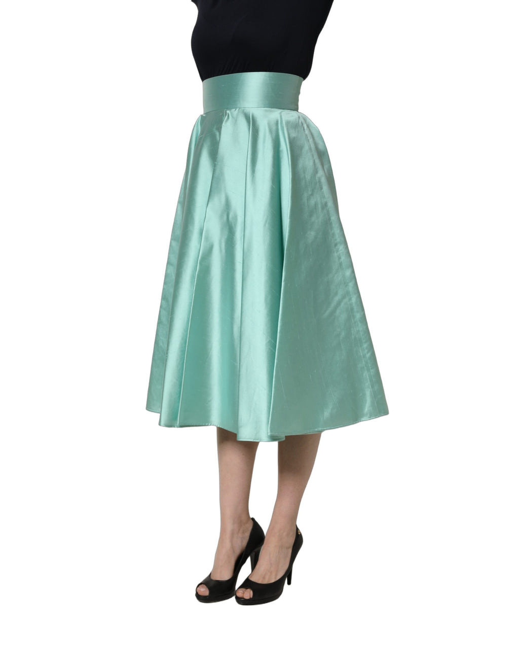 Jupe midi plissée trapèze taille haute en satin vert Dolce & Gabbana