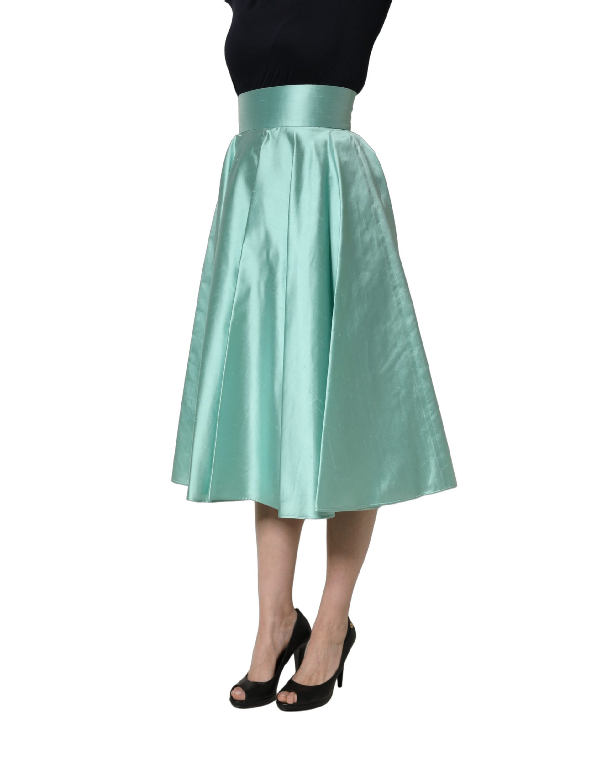 Jupe midi plissée trapèze taille haute en satin vert Dolce & Gabbana