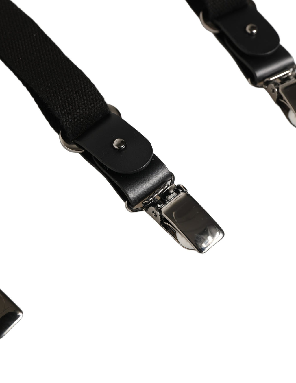 Bretelles Dolce & Gabbana en coton noir et cuir avec élastique, dos en Y et pinces métalliques